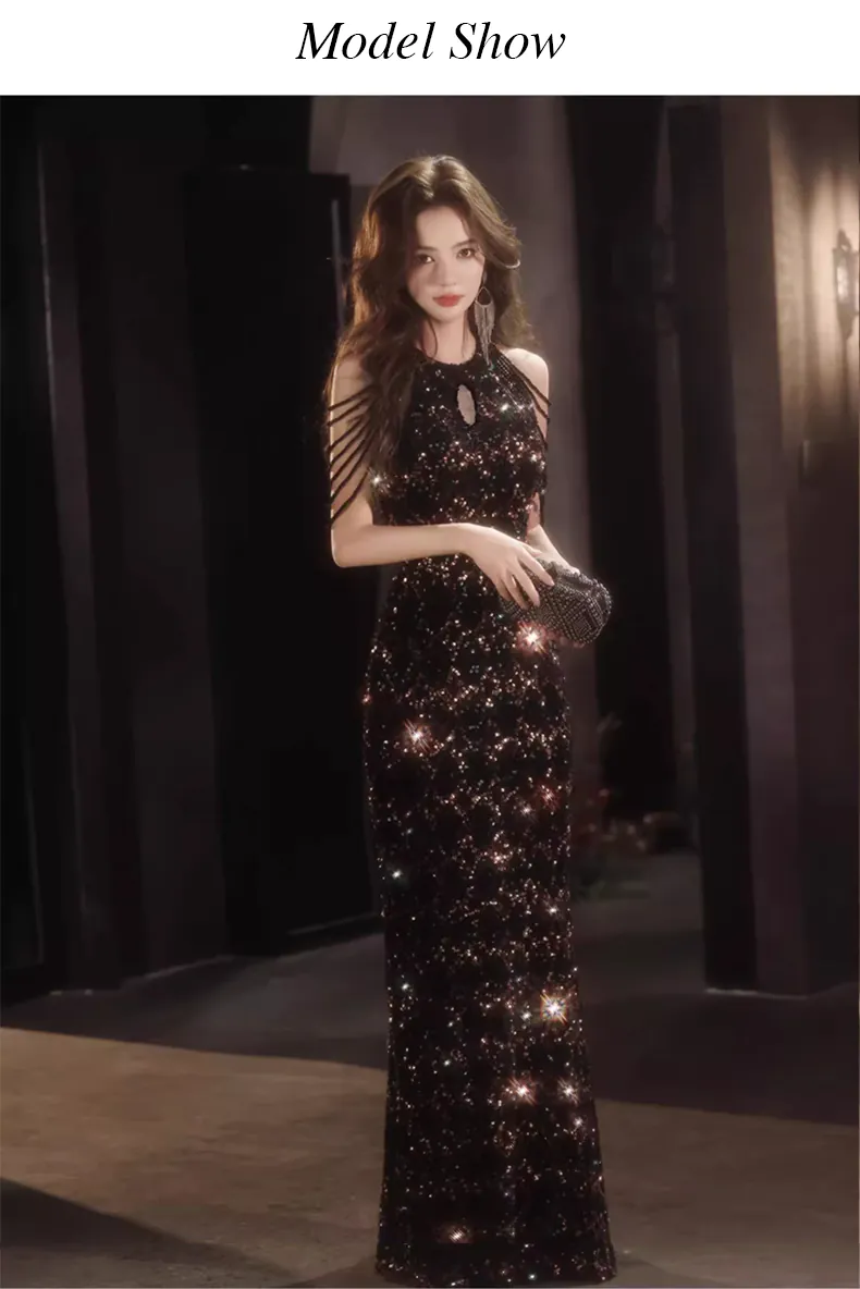Unique-Halter-Neck-Fringe-Plus-Size-Black-Sparkly-Prom-Dress-Ball-Gown10