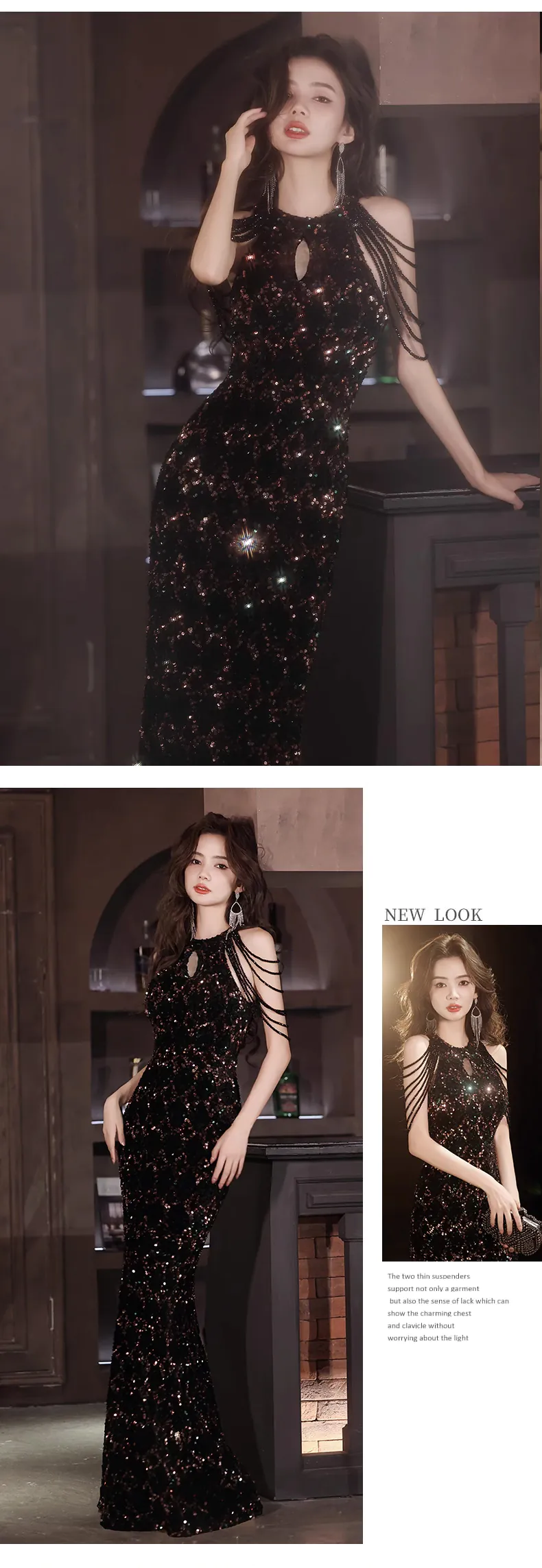 Unique-Halter-Neck-Fringe-Plus-Size-Black-Sparkly-Prom-Dress-Ball-Gown11