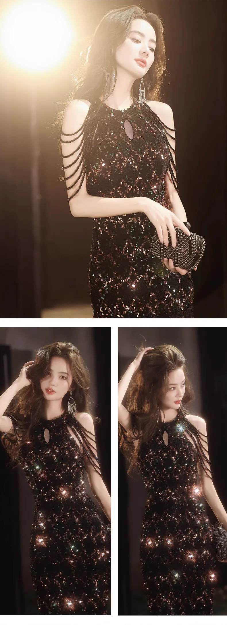 Unique-Halter-Neck-Fringe-Plus-Size-Black-Sparkly-Prom-Dress-Ball-Gown12