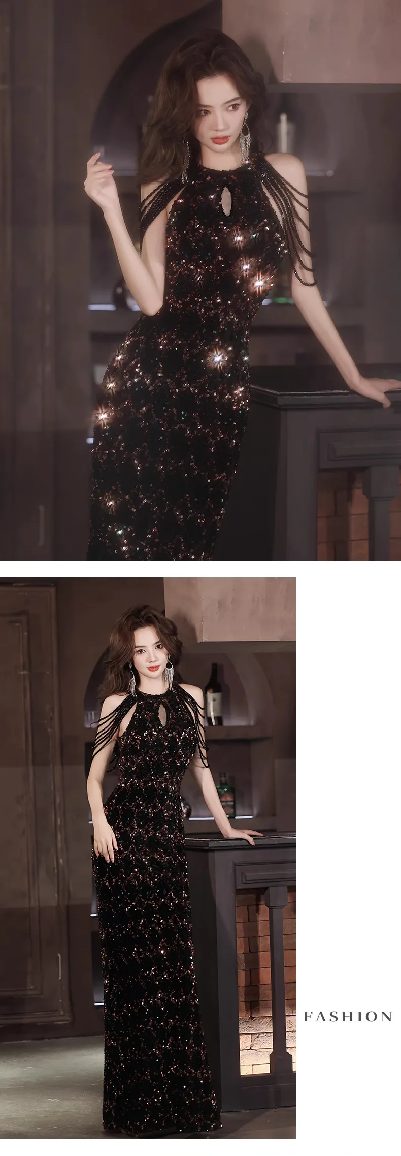 Unique-Halter-Neck-Fringe-Plus-Size-Black-Sparkly-Prom-Dress-Ball-Gown13
