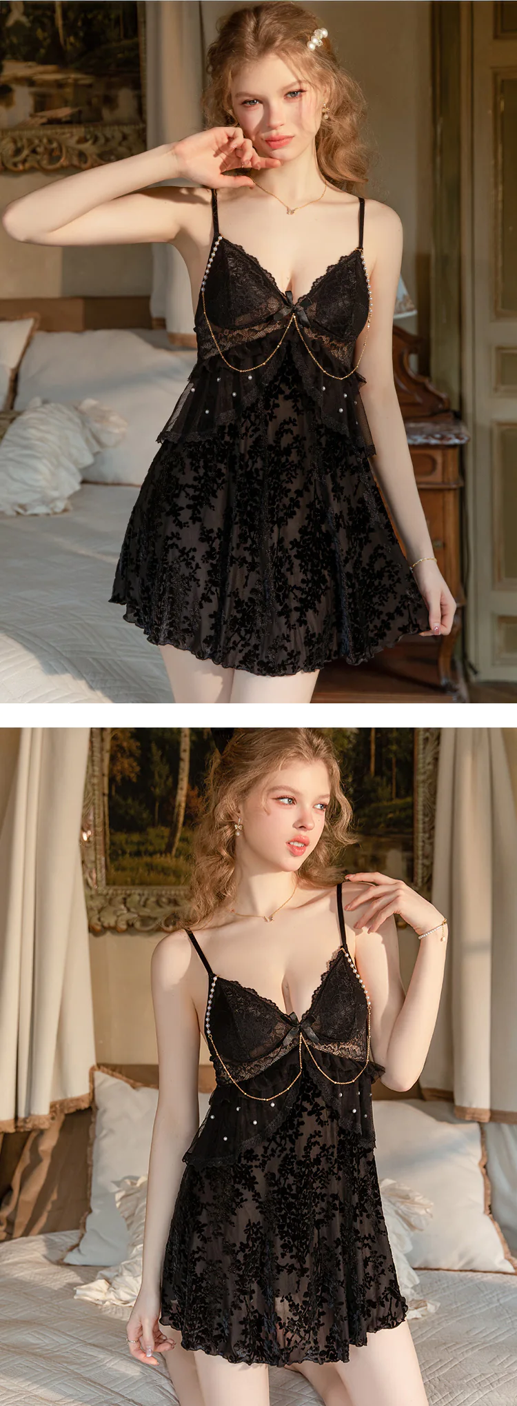 Velvet-Flocked-Pearl-Chain-Deep-V-Neck-Backless-Lace-Camisole-Nightgown17