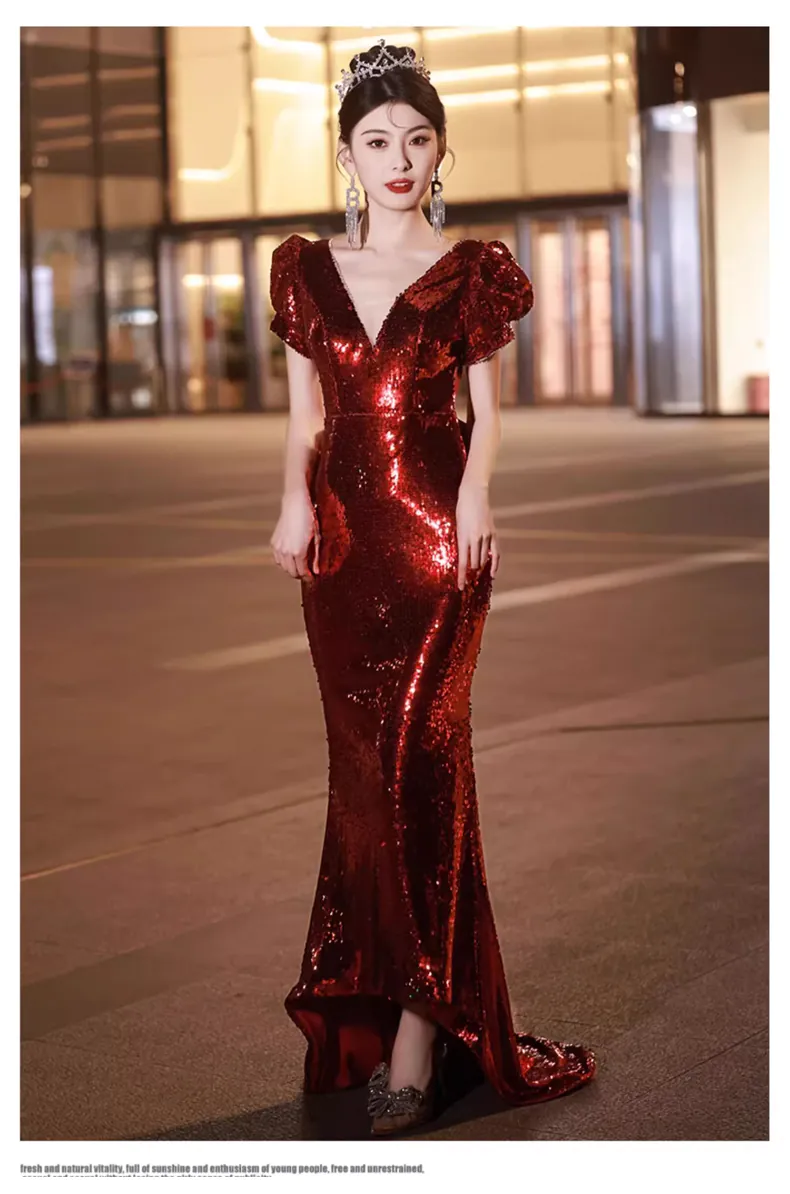 Beautiful-Burgundy-V-Neck-Sequin-Mermaid-Prom-Formal-Evening-Dress11