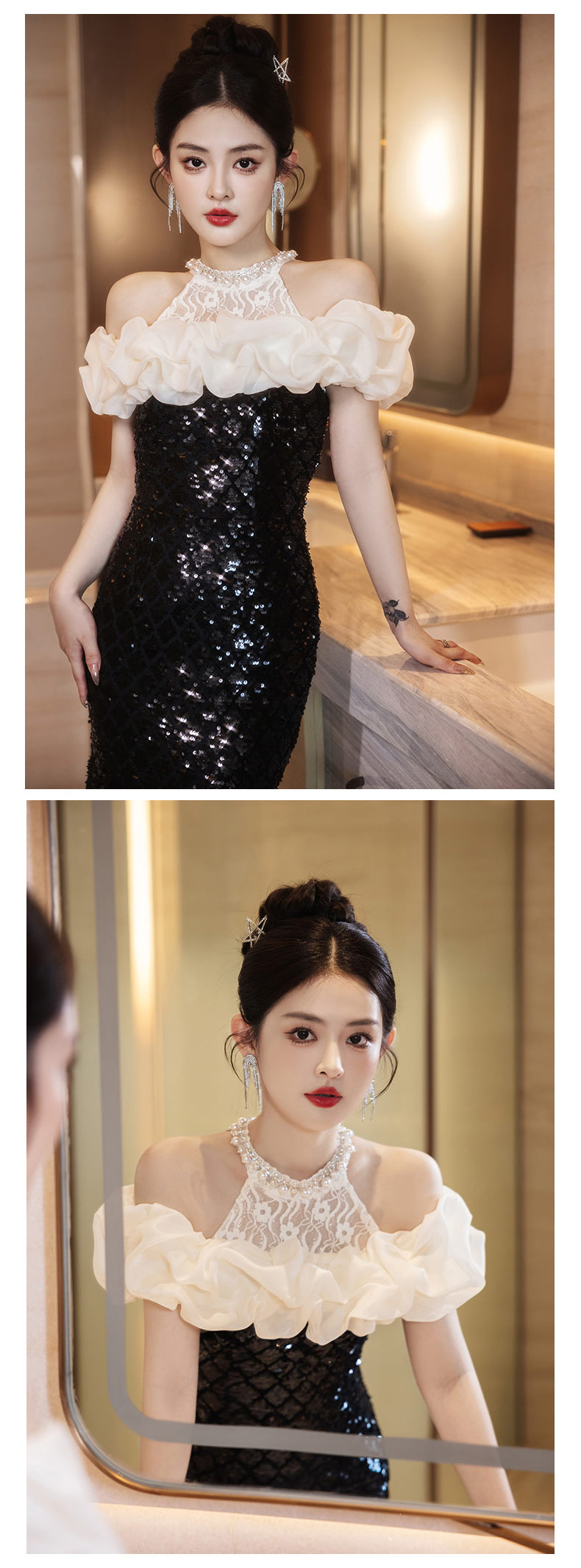 Classy-Black-Sequin-Ruffle-Off-Shoulder-Lace-Halter-Neck-Mermaid-Formal-Dress11