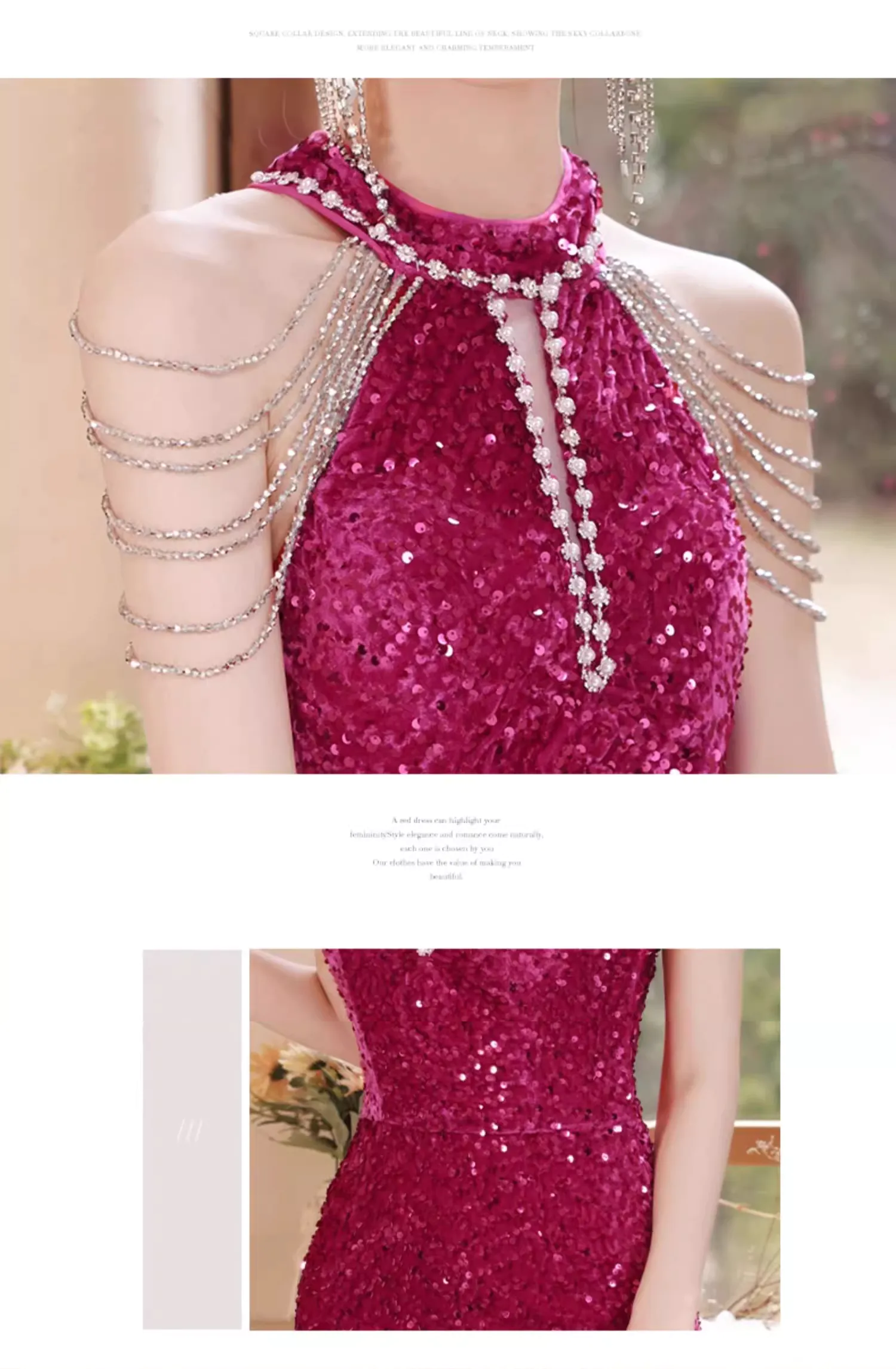 Elegant-Hot-Pink-Sparkly-Halter-Tassel-Mermaid-Evening-Dress-Ball-Gown09