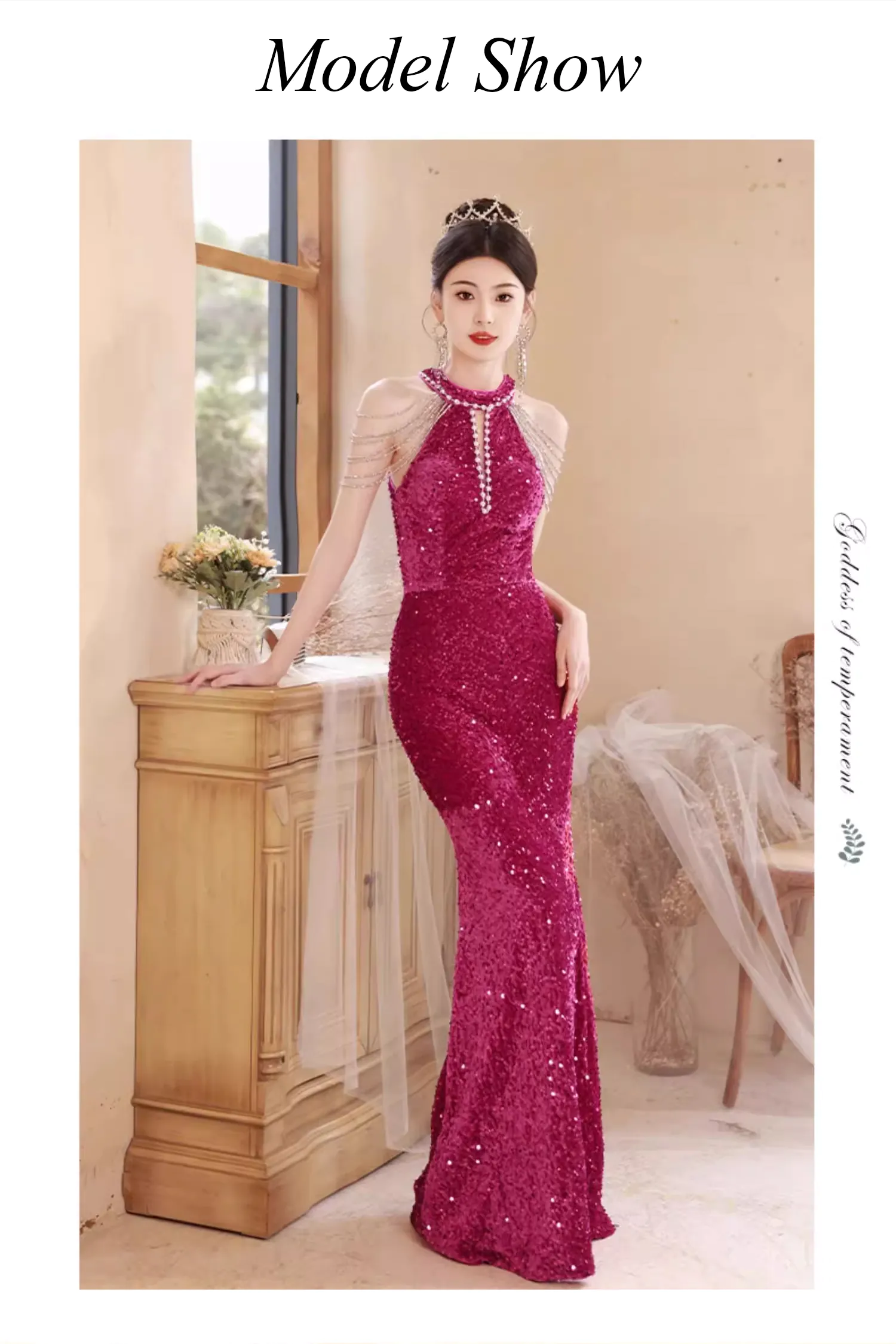 Elegant-Hot-Pink-Sparkly-Halter-Tassel-Mermaid-Evening-Dress-Ball-Gown11