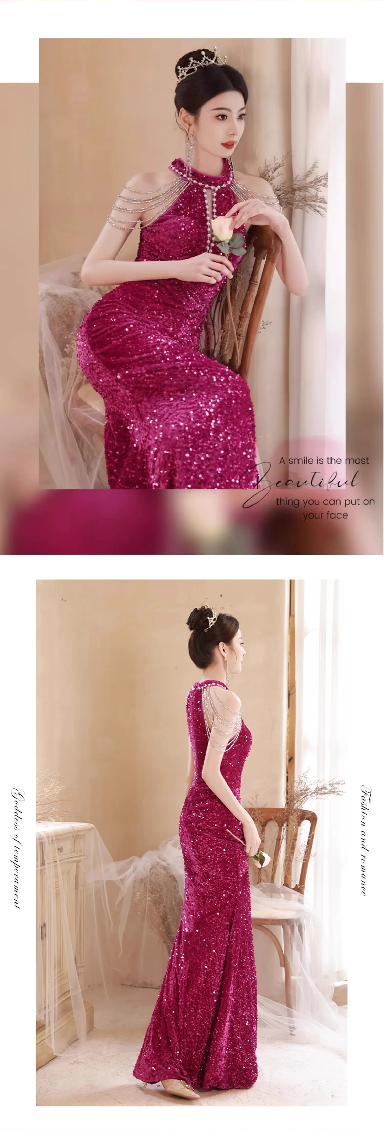 Elegant-Hot-Pink-Sparkly-Halter-Tassel-Mermaid-Evening-Dress-Ball-Gown13