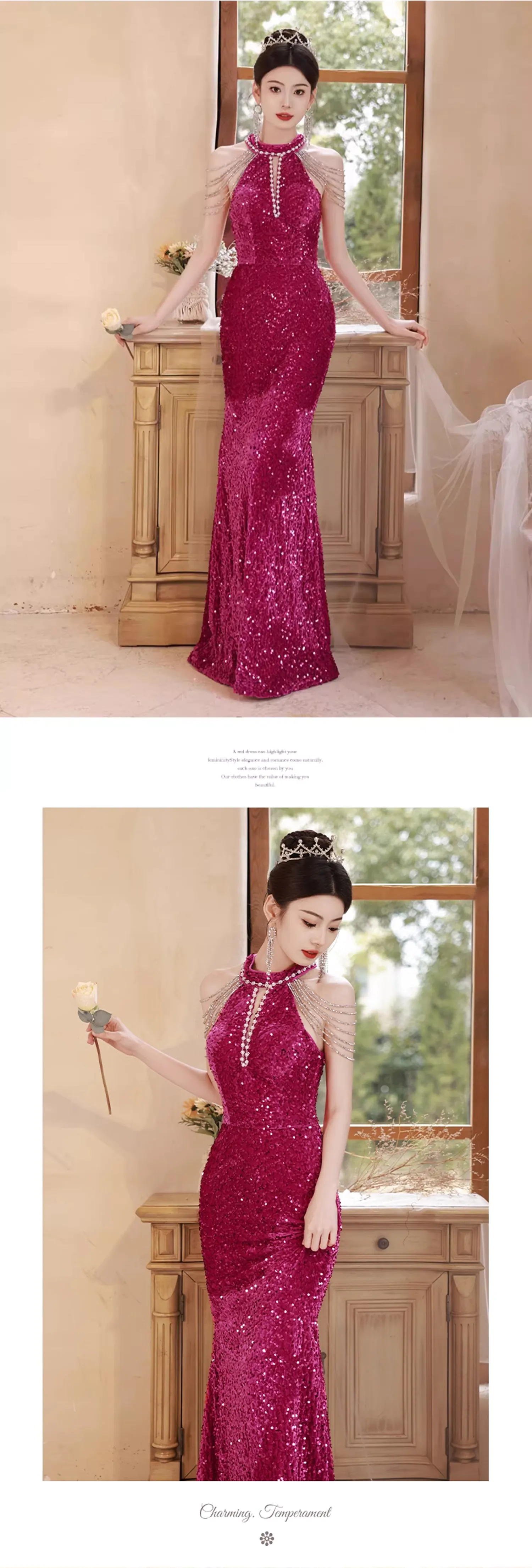 Elegant-Hot-Pink-Sparkly-Halter-Tassel-Mermaid-Evening-Dress-Ball-Gown14