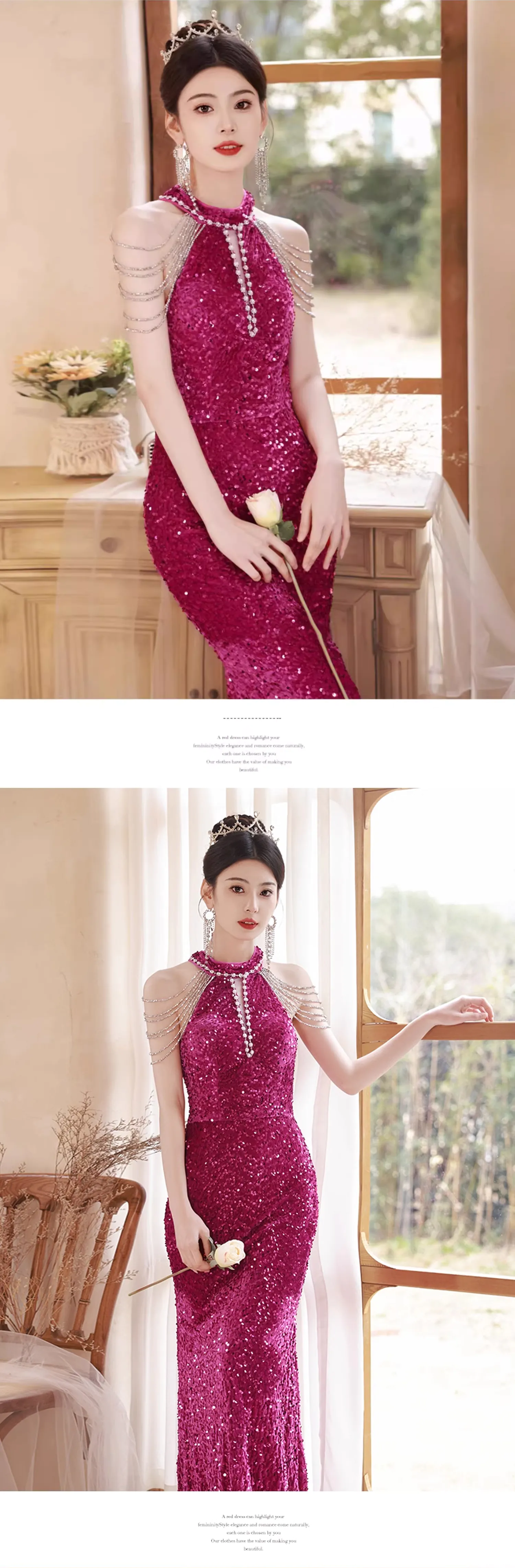 Elegant-Hot-Pink-Sparkly-Halter-Tassel-Mermaid-Evening-Dress-Ball-Gown15