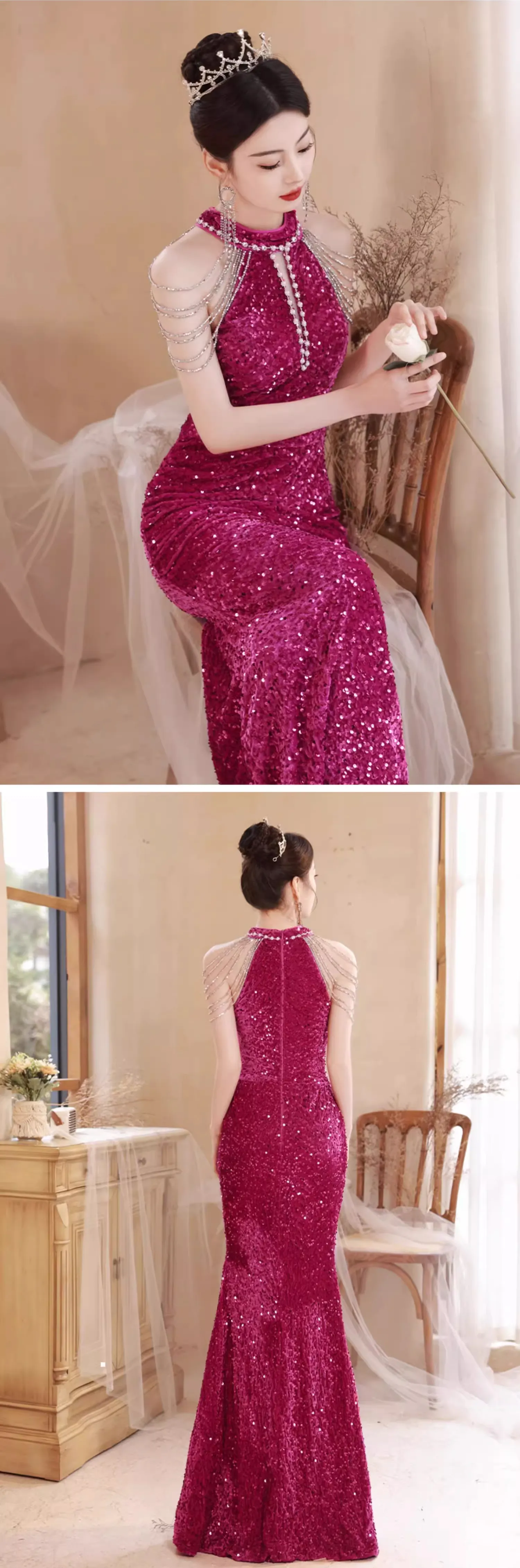 Elegant-Hot-Pink-Sparkly-Halter-Tassel-Mermaid-Evening-Dress-Ball-Gown16