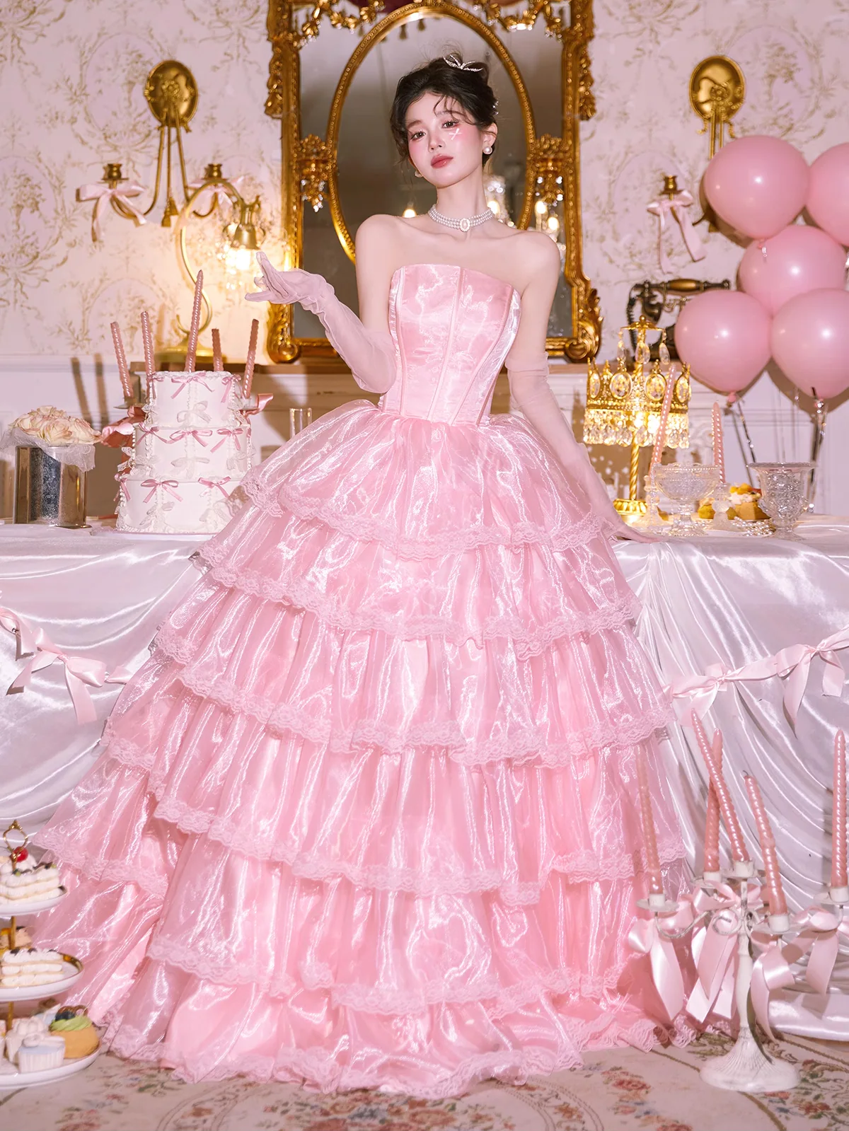 Fairy-Princess-Vintage-Strapless-Pink-Lace-Ruffle-Tiered-Prom-Party-Dress07