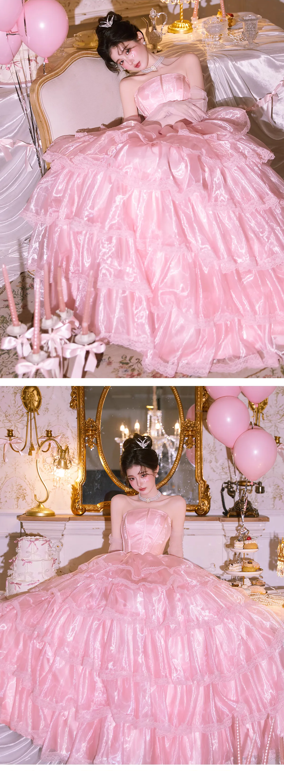 Fairy-Princess-Vintage-Strapless-Pink-Lace-Ruffle-Tiered-Prom-Party-Dress10