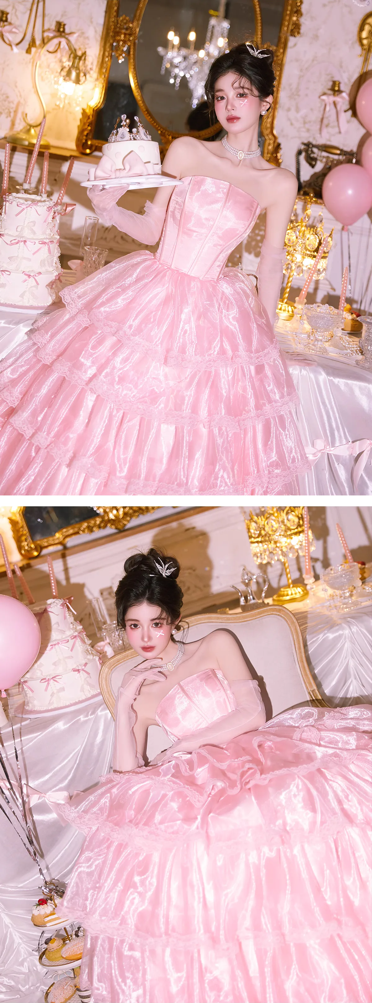 Fairy-Princess-Vintage-Strapless-Pink-Lace-Ruffle-Tiered-Prom-Party-Dress11