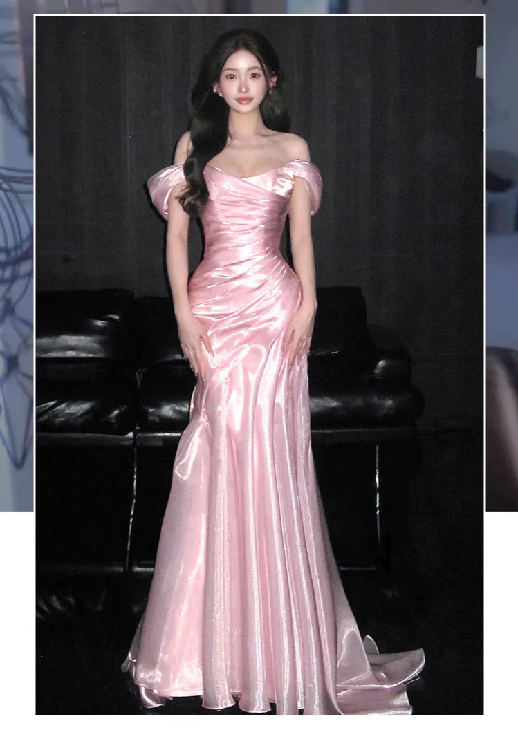 Glamorous-Pink-Off-Shoulder-Glossy-Organza-Mermaid-Evening-Gown07