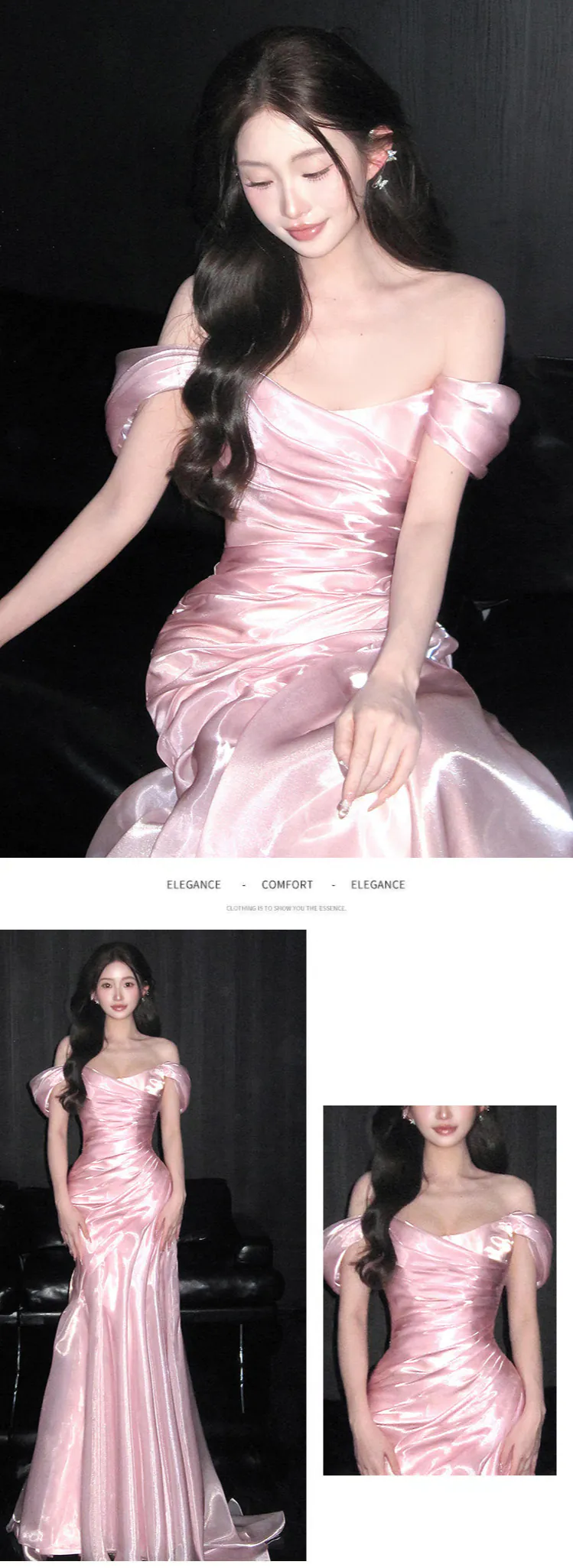 Glamorous-Pink-Off-Shoulder-Glossy-Organza-Mermaid-Evening-Gown10