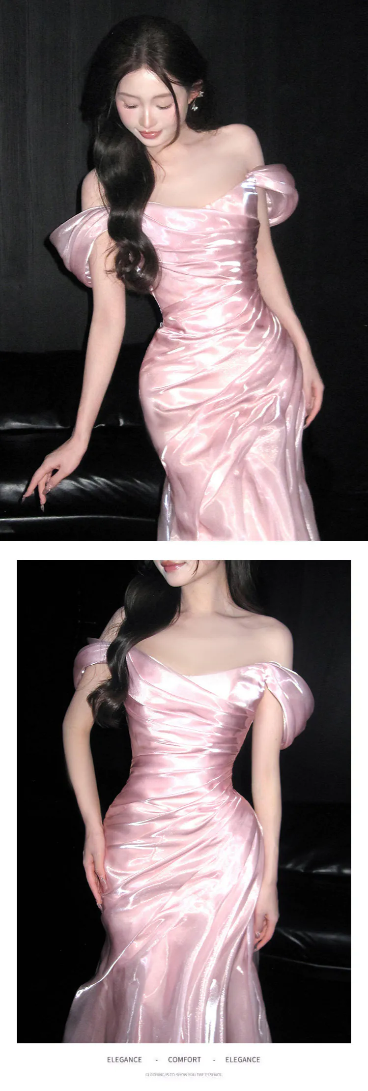Glamorous-Pink-Off-Shoulder-Glossy-Organza-Mermaid-Evening-Gown11