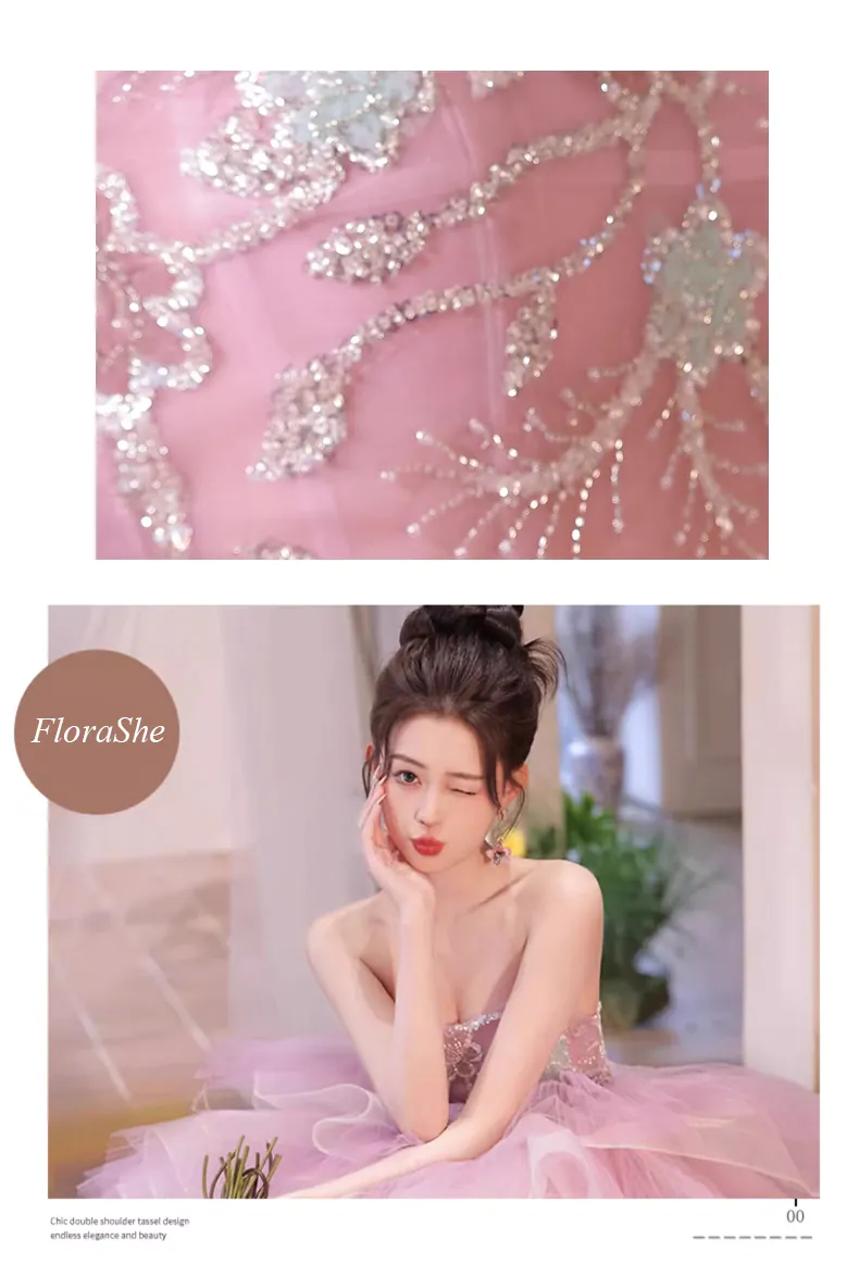 Romantic-Princess-Pink-Tulle-Puffy-Tiered-Skirt-Tube-Prom-Maxi-Dress10