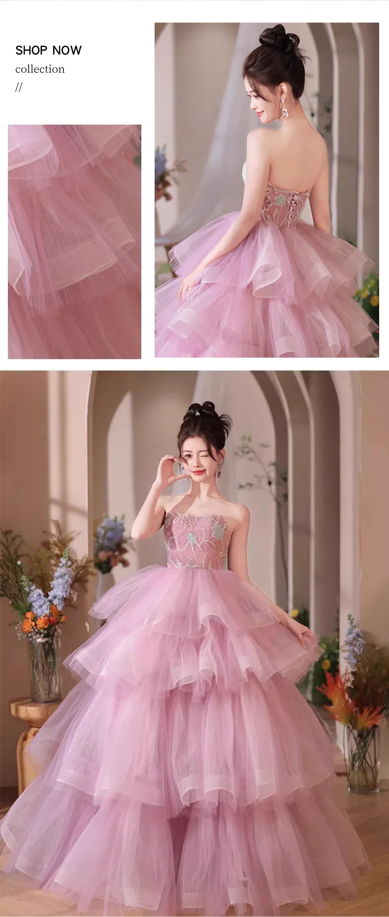 Romantic-Princess-Pink-Tulle-Puffy-Tiered-Skirt-Tube-Prom-Maxi-Dress12