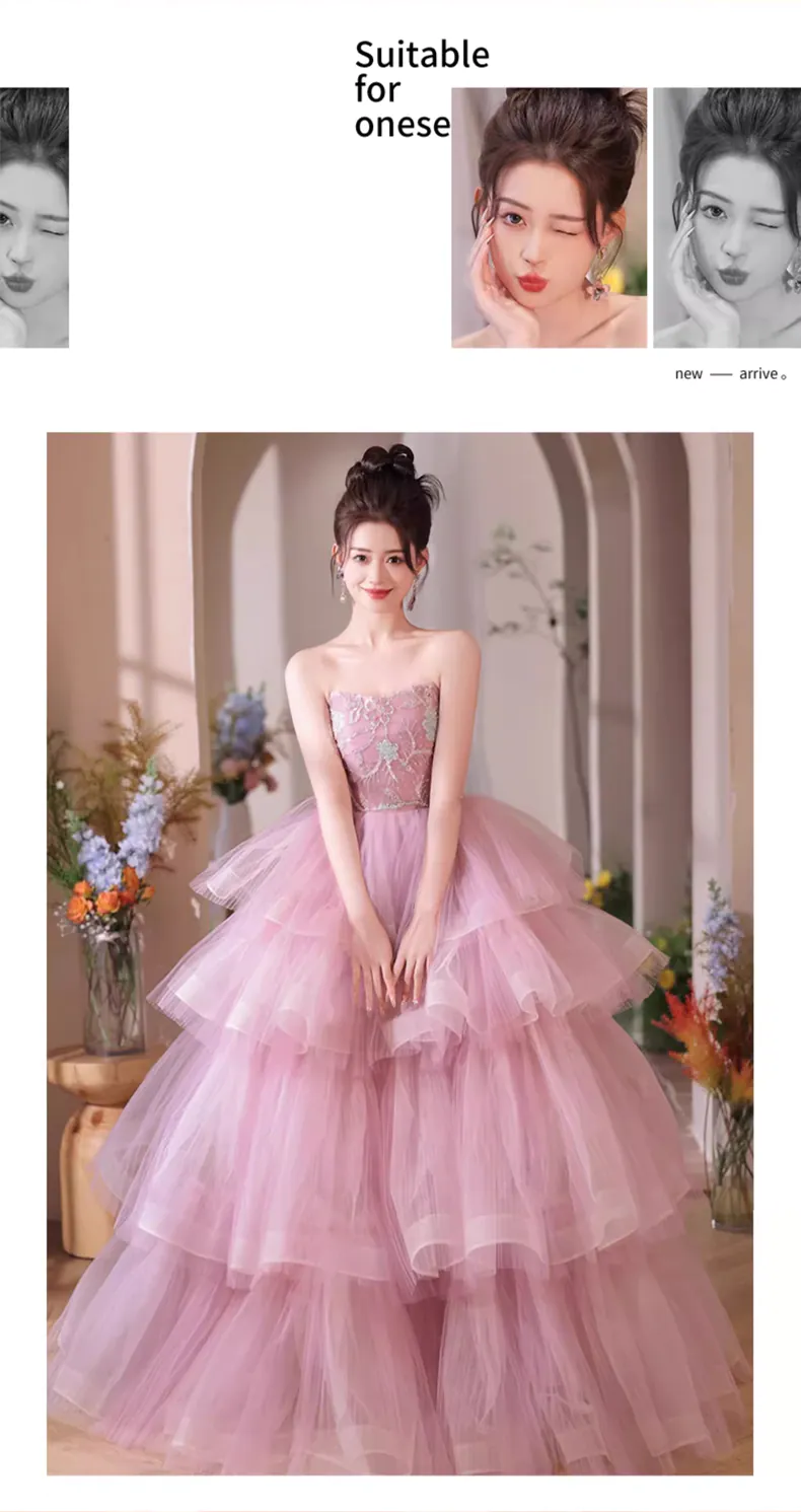 Romantic-Princess-Pink-Tulle-Puffy-Tiered-Skirt-Tube-Prom-Maxi-Dress13