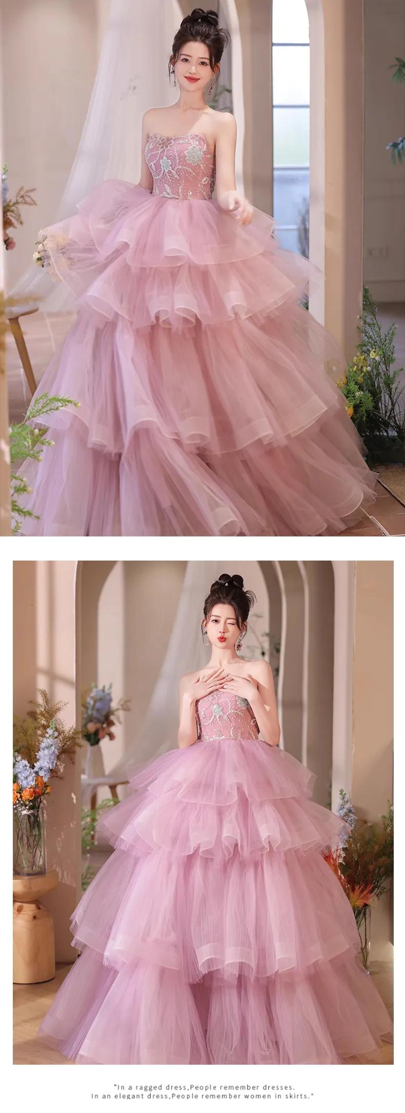 Romantic-Princess-Pink-Tulle-Puffy-Tiered-Skirt-Tube-Prom-Maxi-Dress15
