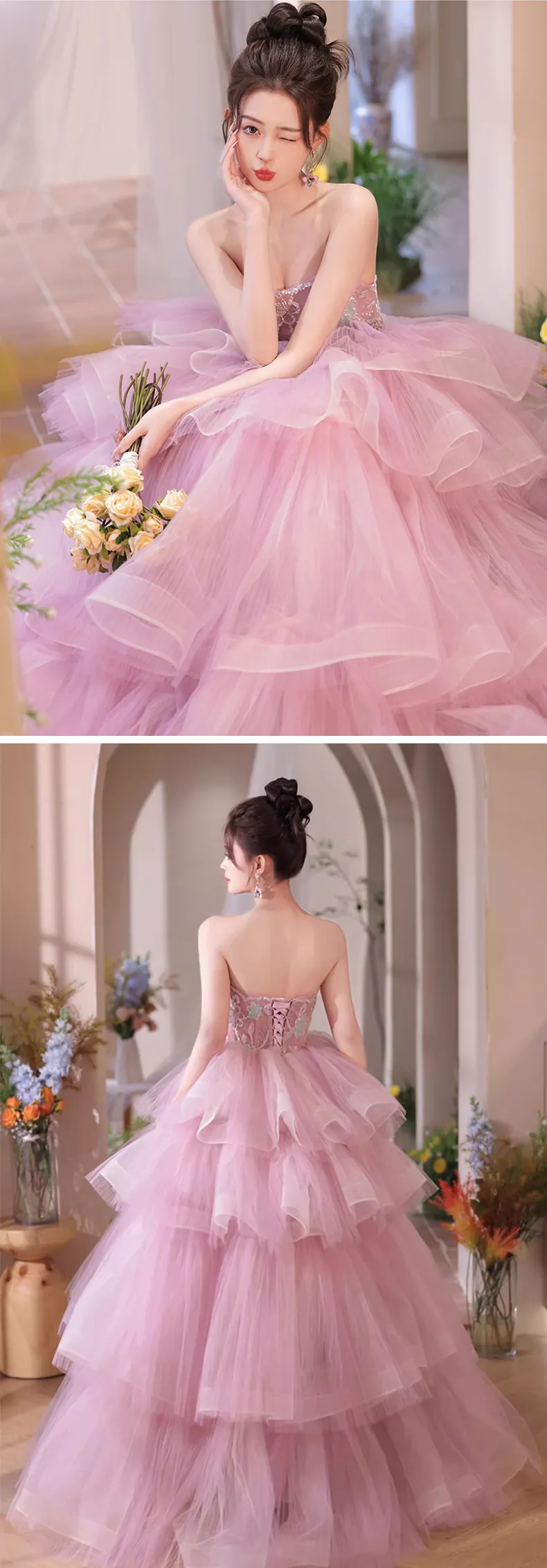 Romantic-Princess-Pink-Tulle-Puffy-Tiered-Skirt-Tube-Prom-Maxi-Dress16