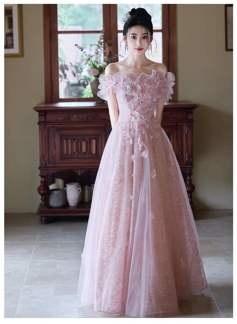 Sweet-Off-Shoulder-Strapless-Pink-Tulle-Floral-Dress-Prom-Formal-Ball-Gown07