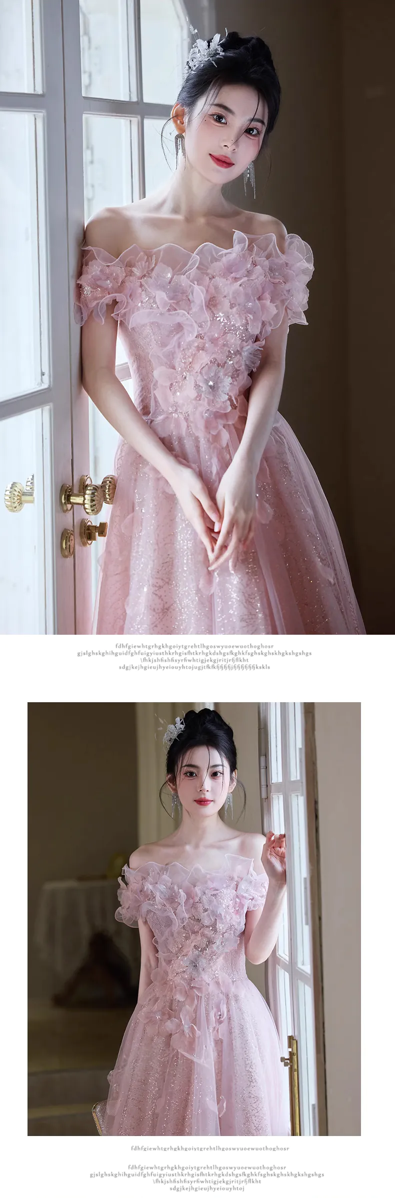 Sweet-Off-Shoulder-Strapless-Pink-Tulle-Floral-Dress-Prom-Formal-Ball-Gown09