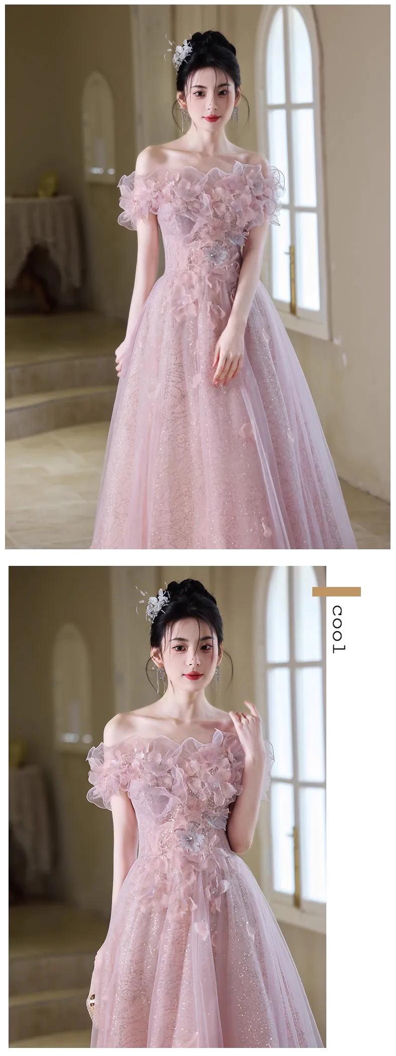 Sweet-Off-Shoulder-Strapless-Pink-Tulle-Floral-Dress-Prom-Formal-Ball-Gown10