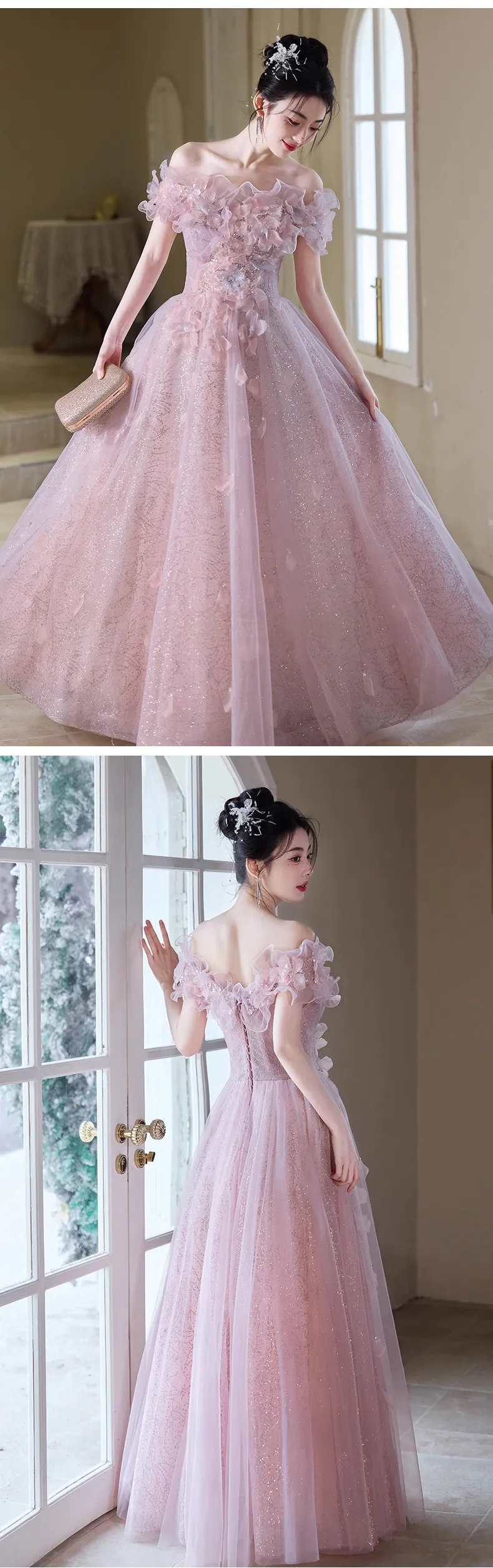 Sweet-Off-Shoulder-Strapless-Pink-Tulle-Floral-Dress-Prom-Formal-Ball-Gown12