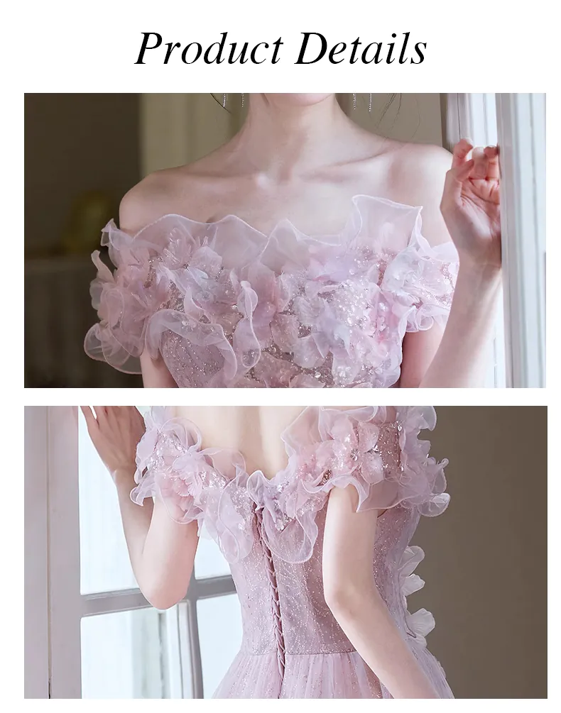 Sweet-Off-Shoulder-Strapless-Pink-Tulle-Floral-Dress-Prom-Formal-Ball-Gown13