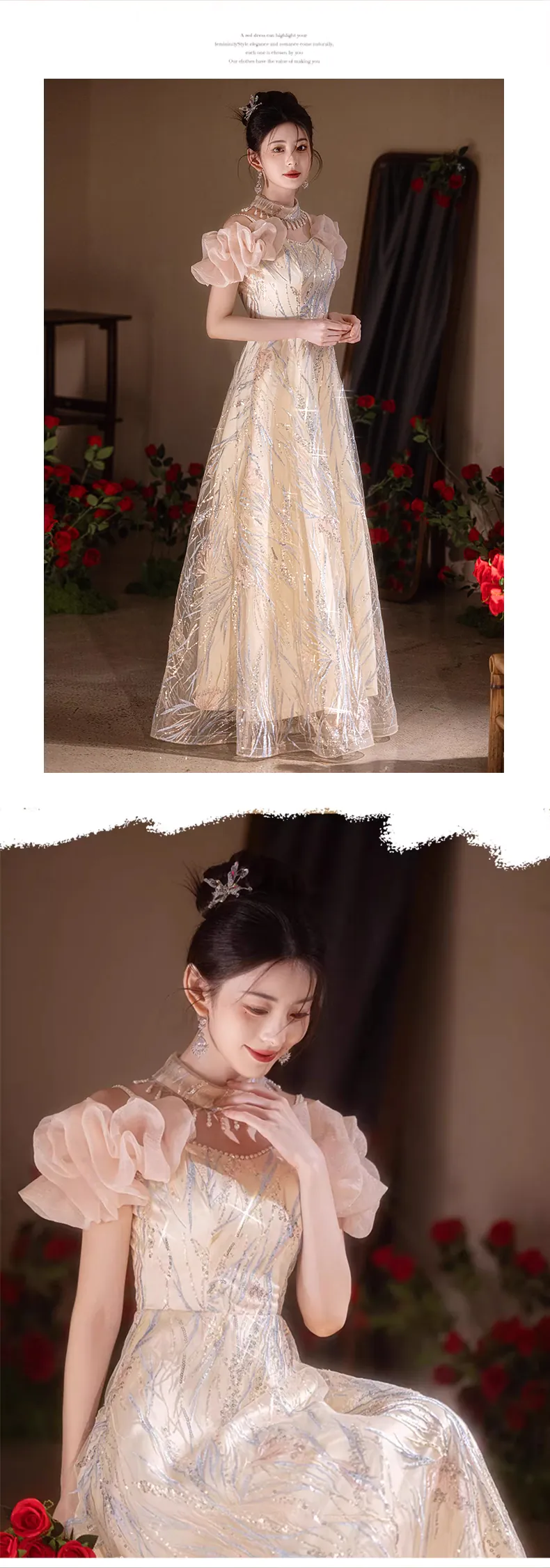 Trendy-Champagne-Short-Puff-Sleeves-Formal-Banquet-Cocktail-Party-Dress14