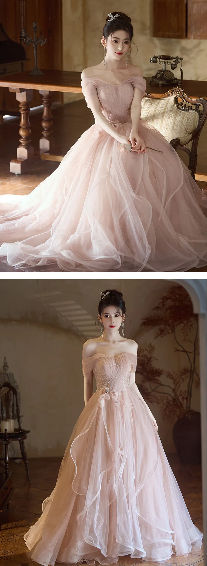 Dreamy-Soft-Pink-Tulle-Flowing-Ruffle-Skirt-Evening-Celebration-Formal-Dress12