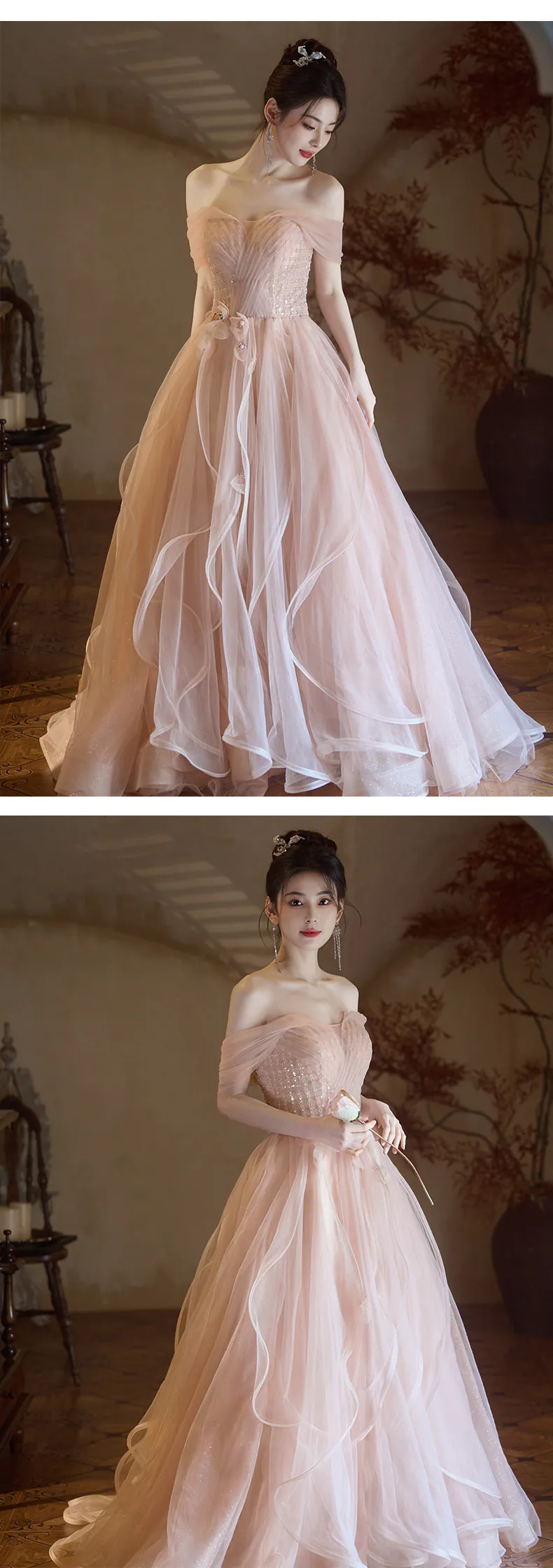 Dreamy-Soft-Pink-Tulle-Flowing-Ruffle-Skirt-Evening-Celebration-Formal-Dress13