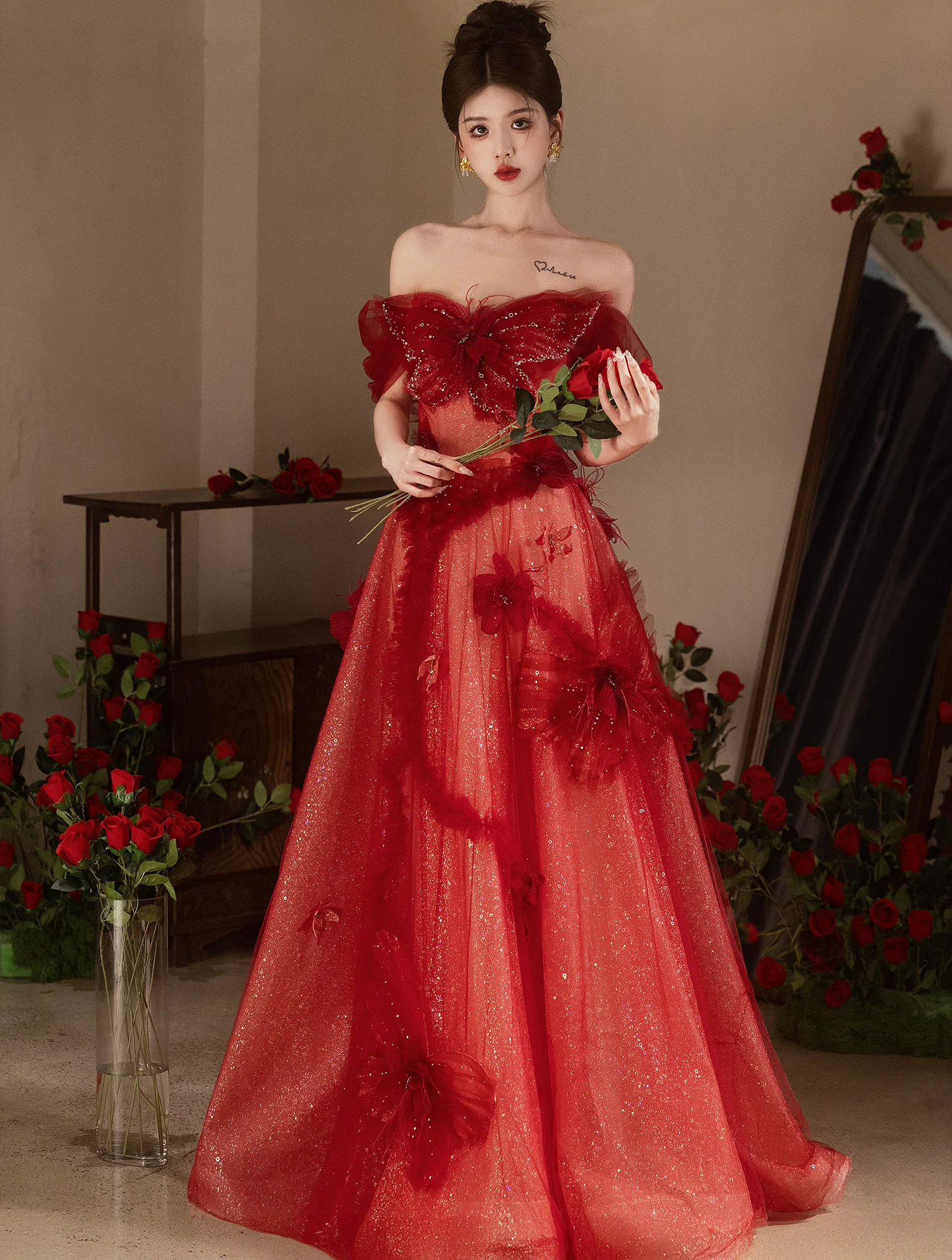 Romantic Red Off the Shoulder Bridal Engagement Gown Formal Maxi Dress -  FloraShe