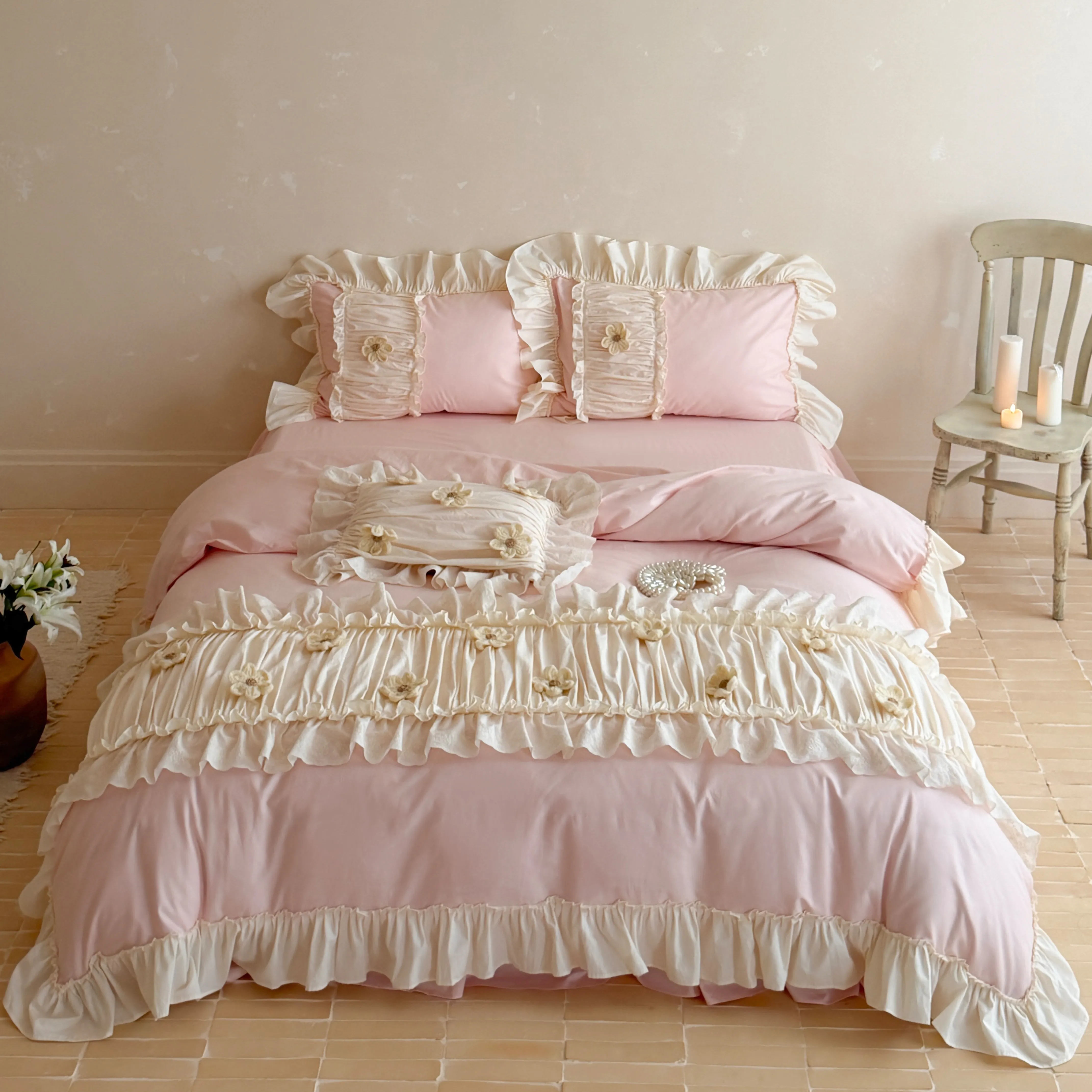 Aesthetic Coquette Pleated 40S Pure Cotton 4 Piece Comforter Cover Set01