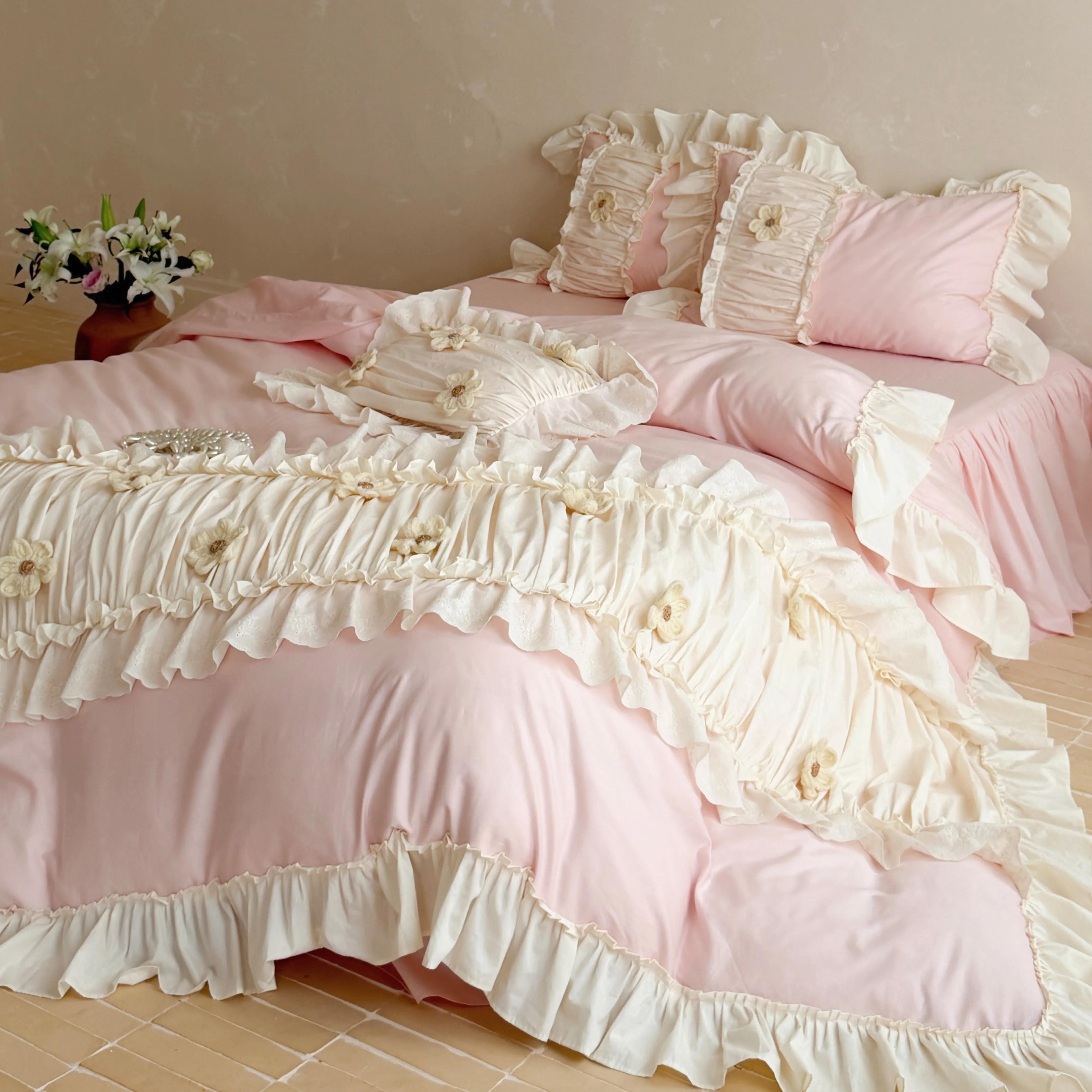 Aesthetic Coquette Pleated 40S Pure Cotton 4 Piece Comforter Cover Set02