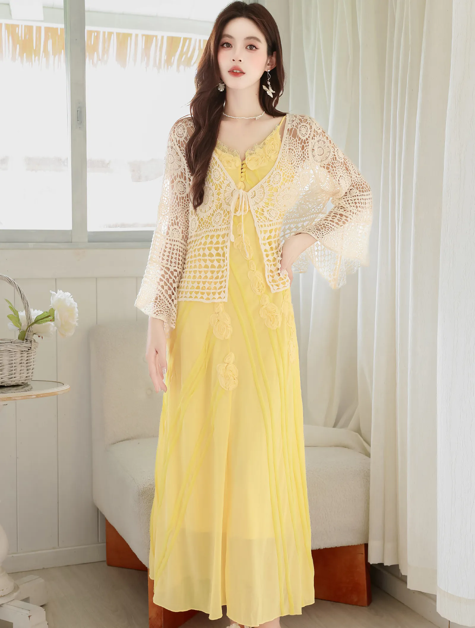 Boho 3D Floral Yellow Flowing Camisole Chiffon Dress with Crochet Cardigan Set01