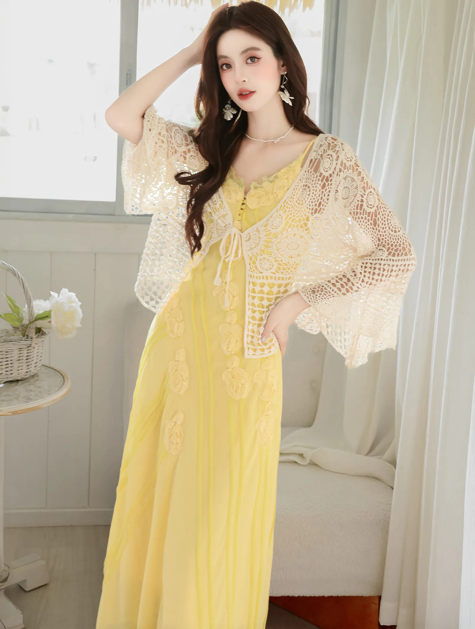 Boho 3D Floral Yellow Flowing Camisole Chiffon Dress with Crochet Cardigan Set02
