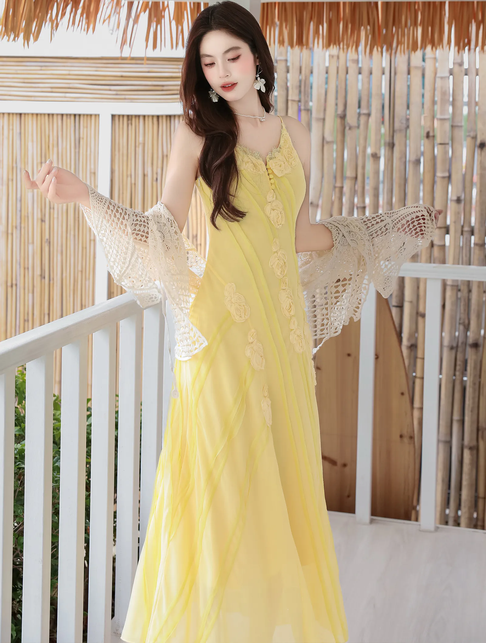 Boho 3D Floral Yellow Flowing Camisole Chiffon Dress with Crochet Cardigan Set03 Boho 3D Floral Yellow Flowing Camisole Chiffon Dress with Crochet Cardigan Set03