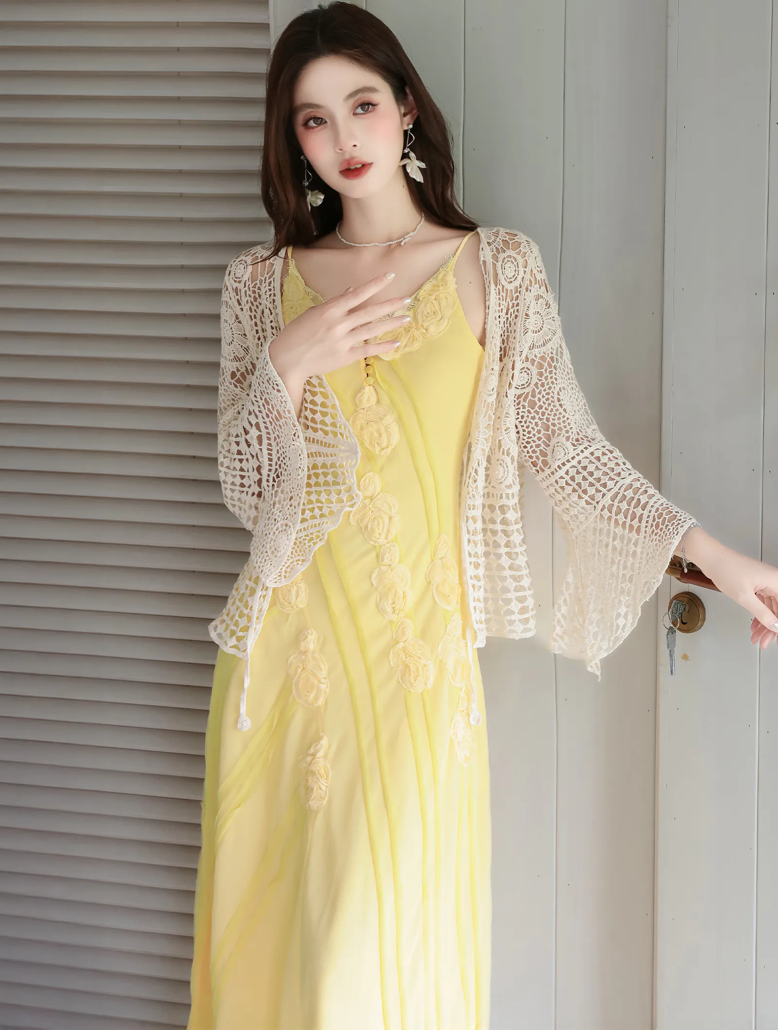 Boho 3D Floral Yellow Flowing Camisole Chiffon Dress with Crochet Cardigan Set04 Boho 3D Floral Yellow Flowing Camisole Chiffon Dress with Crochet Cardigan Set04