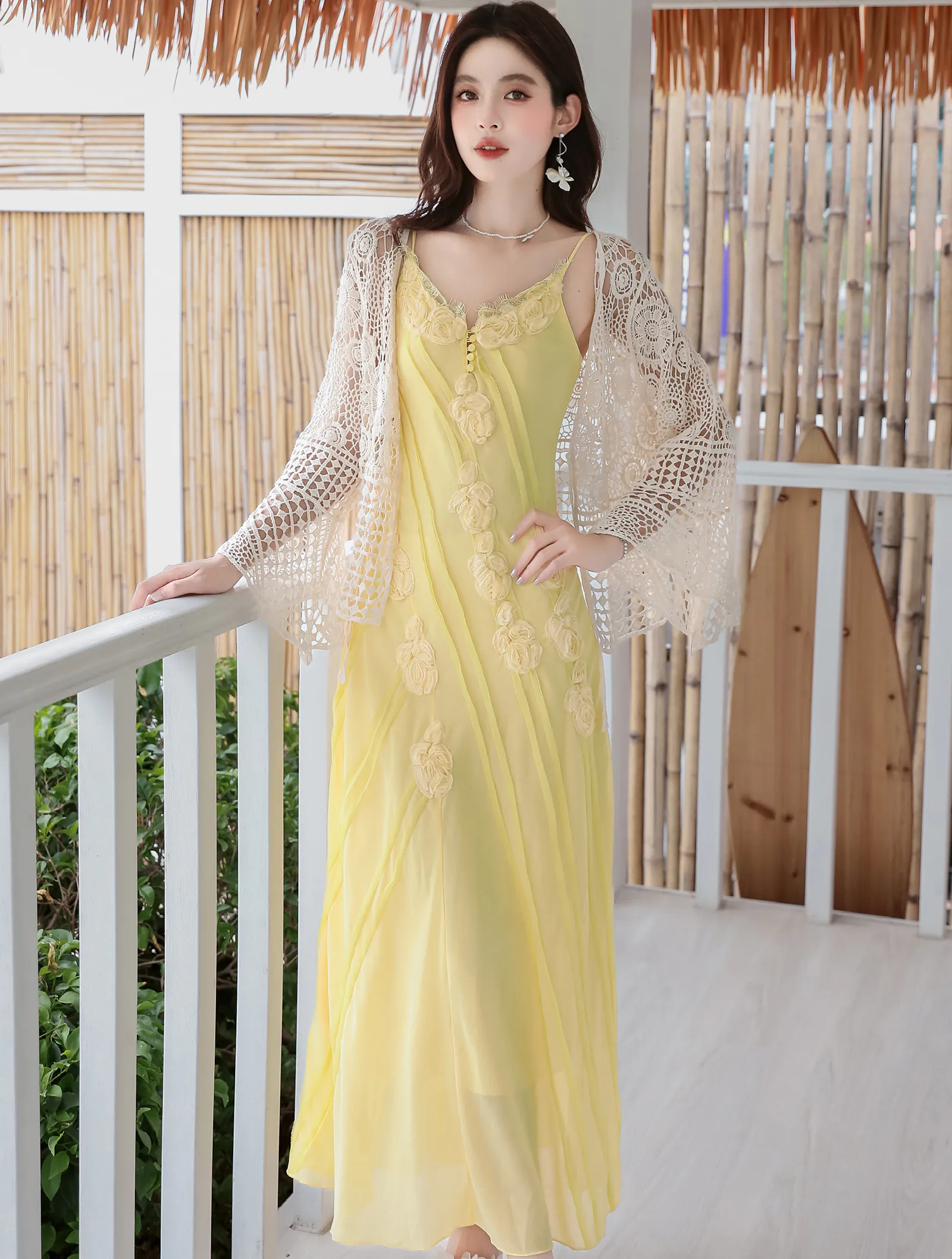 Boho 3D Floral Yellow Flowing Camisole Chiffon Dress with Crochet Cardigan Set05 Boho 3D Floral Yellow Flowing Camisole Chiffon Dress with Crochet Cardigan Set05
