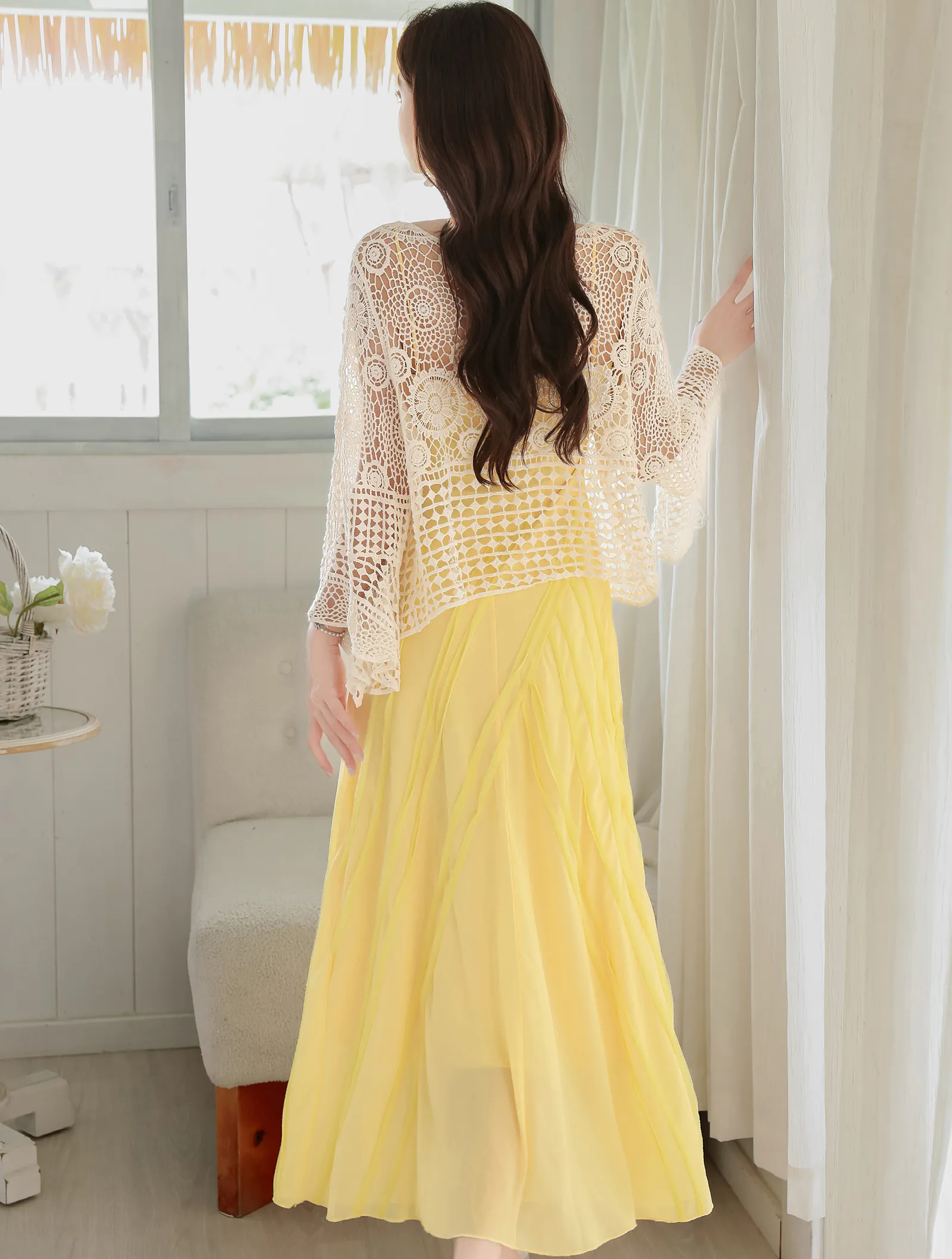 Boho 3D Floral Yellow Flowing Camisole Chiffon Dress with Crochet Cardigan Set06 Boho 3D Floral Yellow Flowing Camisole Chiffon Dress with Crochet Cardigan Set06