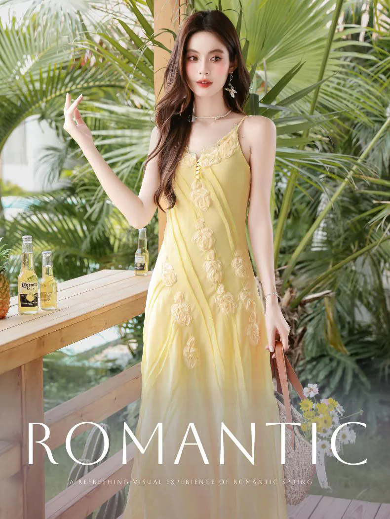 Boho-3D-Floral-Yellow-Flowing-Camisole-Chiffon-Dress-with-Crochet-Cardigan-Set07