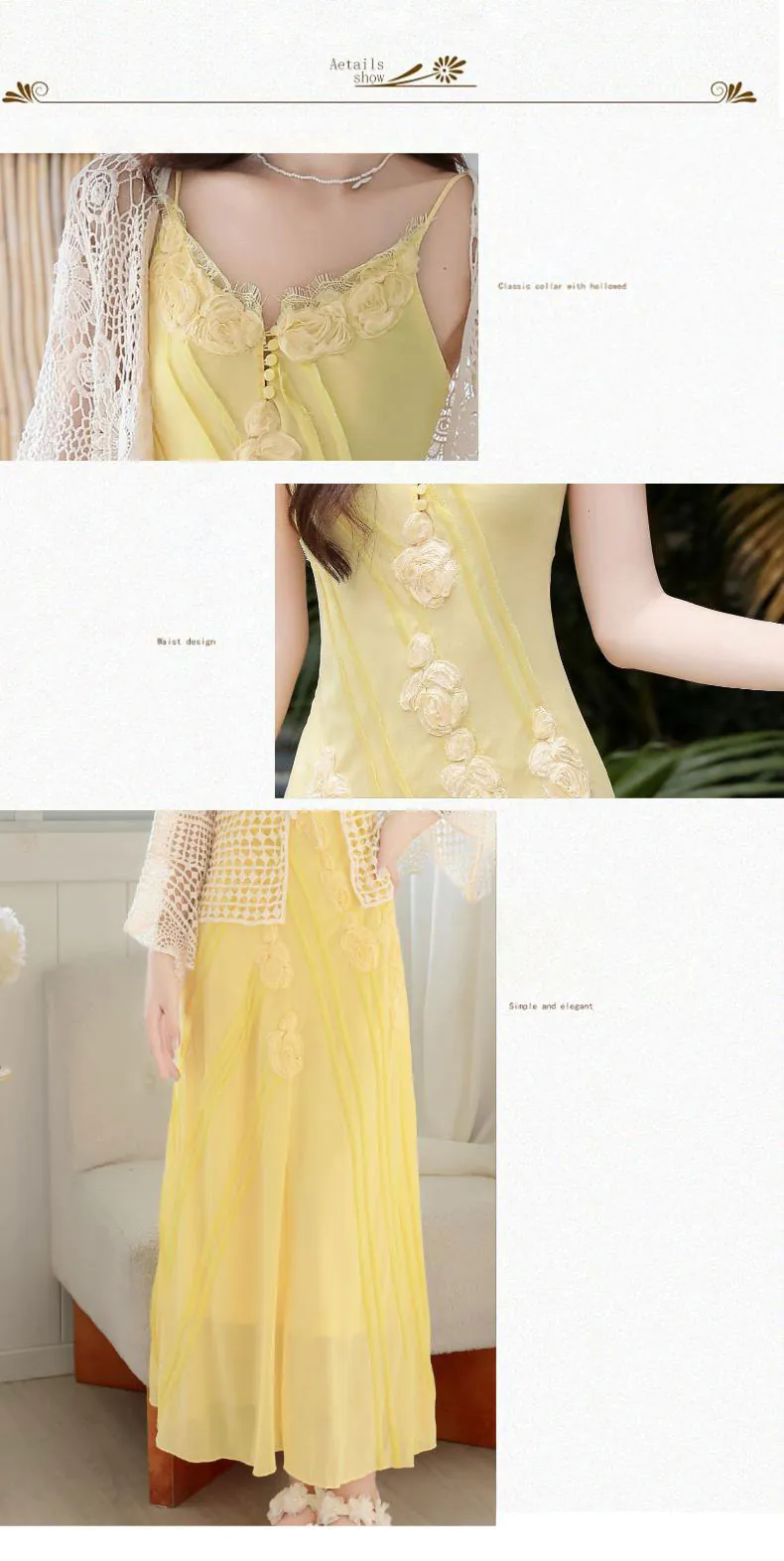 Boho-3D-Floral-Yellow-Flowing-Camisole-Chiffon-Dress-with-Crochet-Cardigan-Set08