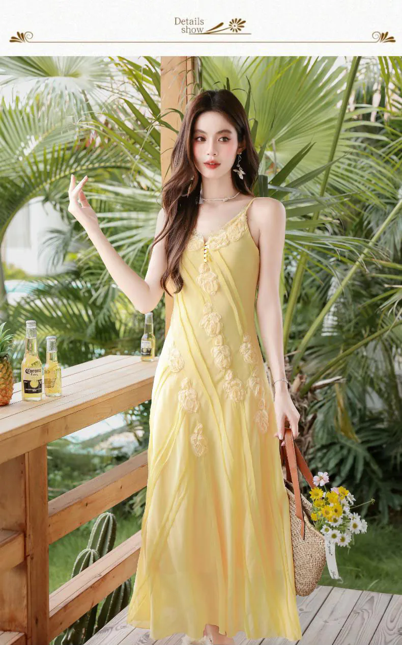 Boho-3D-Floral-Yellow-Flowing-Camisole-Chiffon-Dress-with-Crochet-Cardigan-Set09