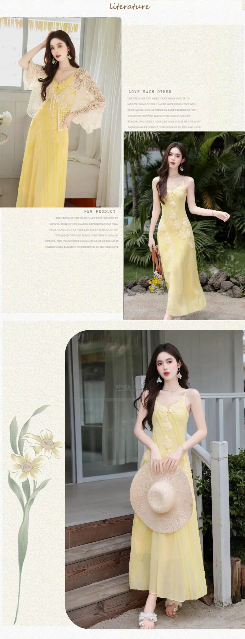 Boho-3D-Floral-Yellow-Flowing-Camisole-Chiffon-Dress-with-Crochet-Cardigan-Set10