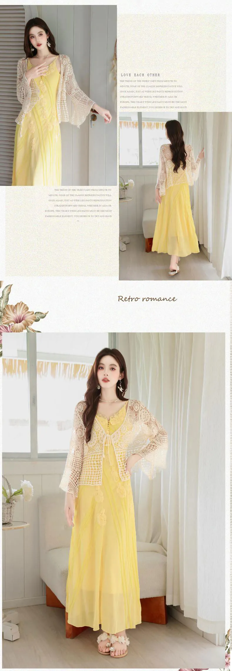 Boho-3D-Floral-Yellow-Flowing-Camisole-Chiffon-Dress-with-Crochet-Cardigan-Set13