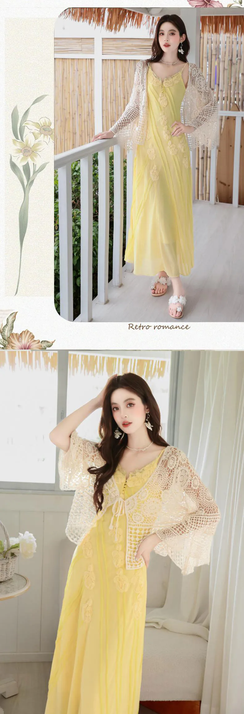 Boho-3D-Floral-Yellow-Flowing-Camisole-Chiffon-Dress-with-Crochet-Cardigan-Set14