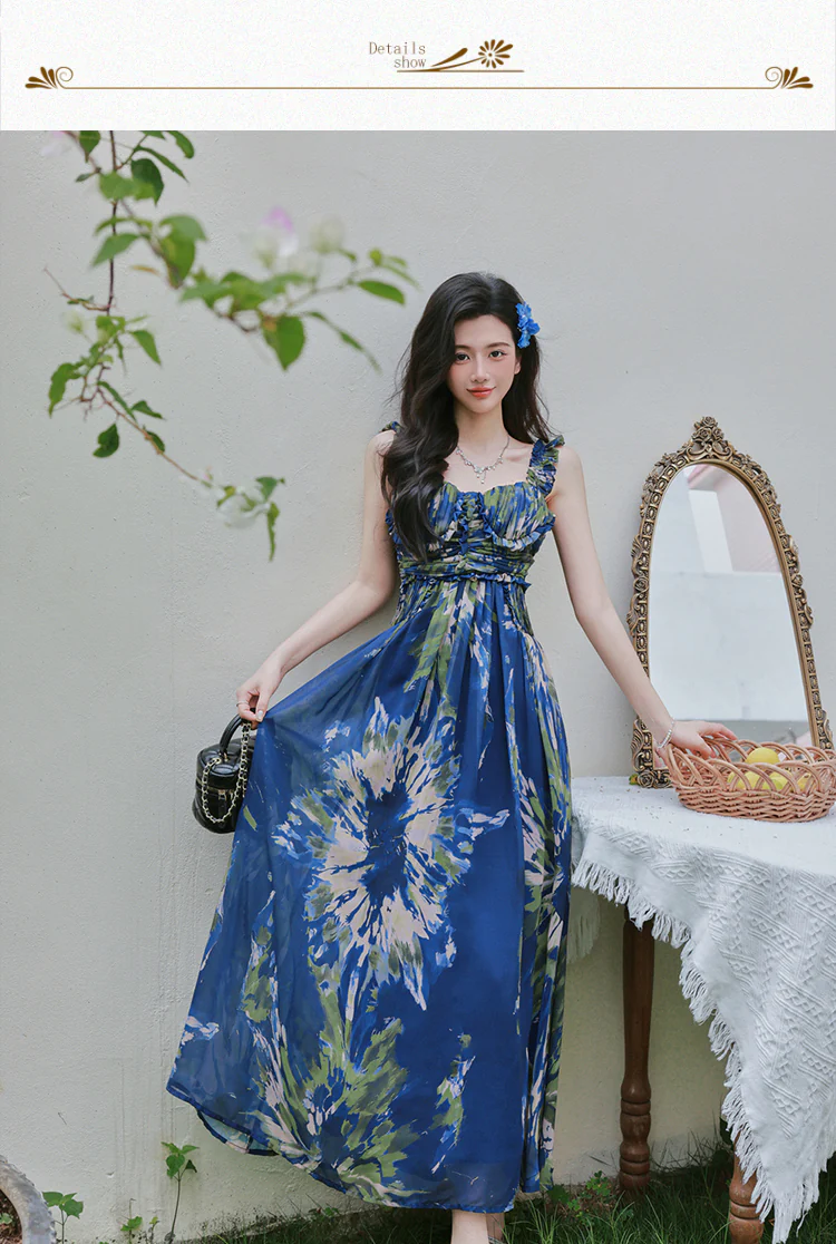 Boho-Chic-Blue-Oil-Painting-Print-Ruffle-Straps-Slip-Dress-with-Cardigan-Set10