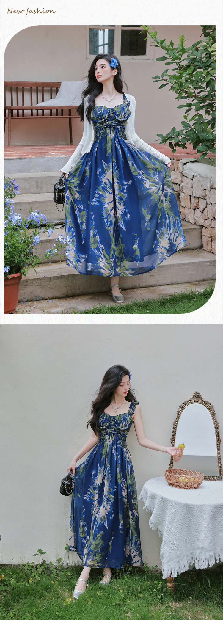 Boho-Chic-Blue-Oil-Painting-Print-Ruffle-Straps-Slip-Dress-with-Cardigan-Set13