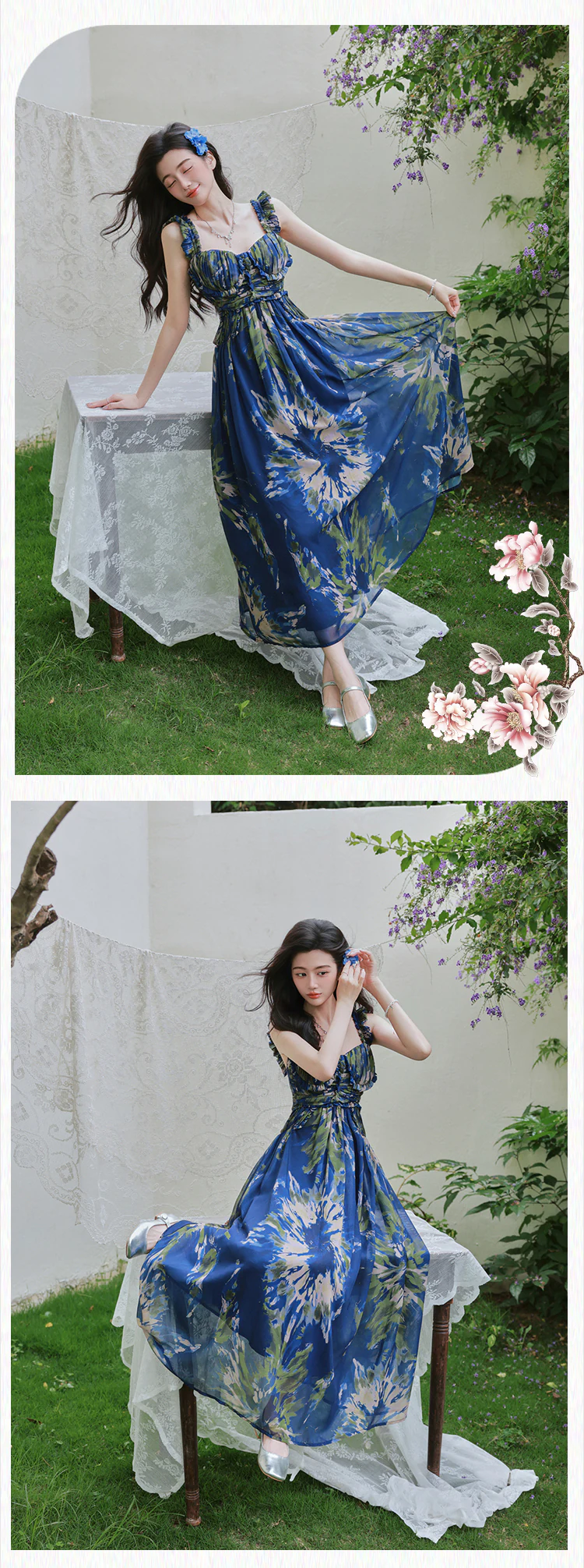 Boho-Chic-Blue-Oil-Painting-Print-Ruffle-Straps-Slip-Dress-with-Cardigan-Set15